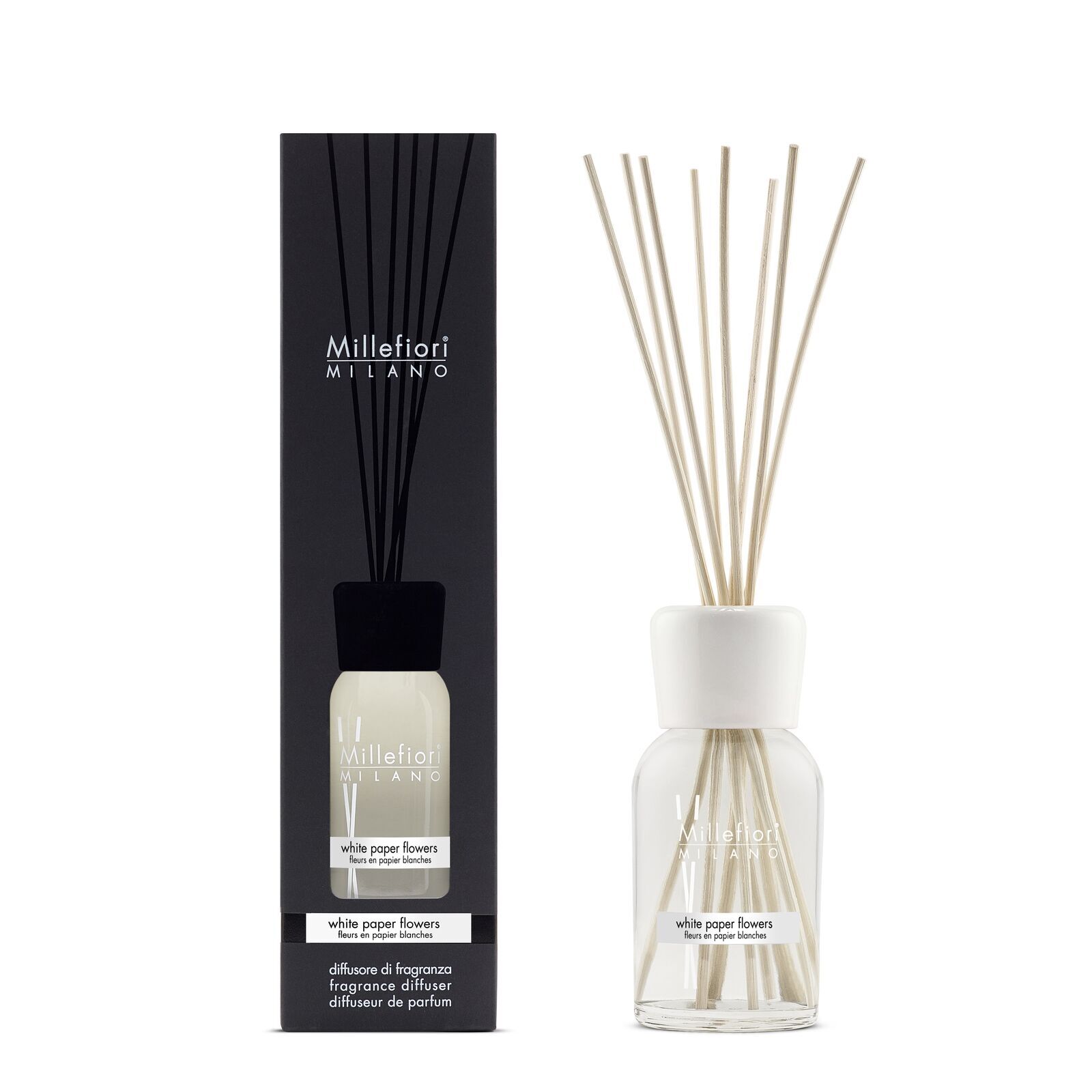 7DDWF_Millefiori-Milano_Reed-Diffuser-250ml_Product-Pack_White-Paper-Flowers White Paper Flowers - Milano Reed Diffuser 250ml