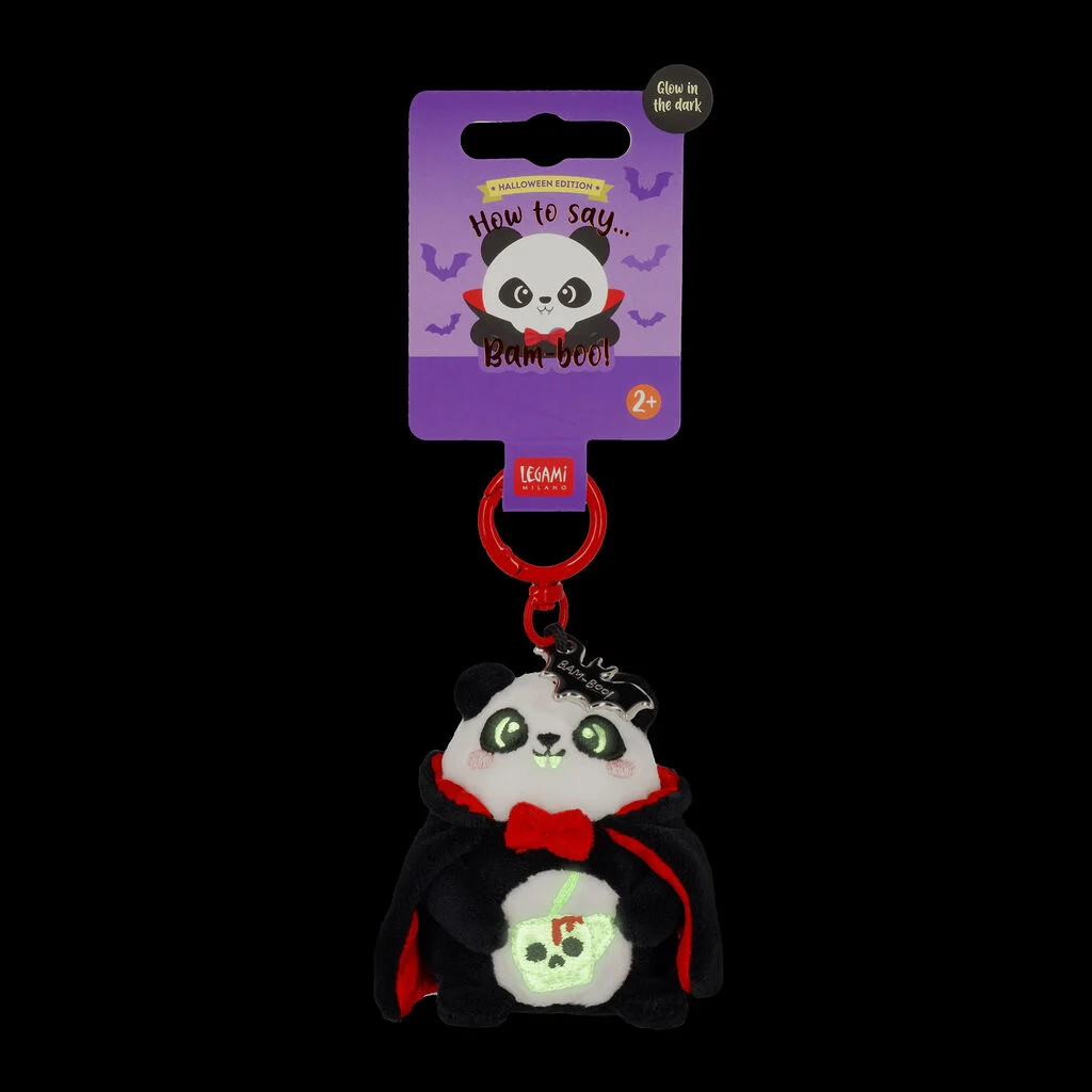 Panda-Schlüsselanhänger, Plüschfigur, Halloween-Edition, Roter Umhang, Leuchtende Augen