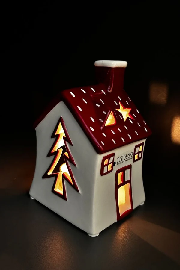 Teelichthaus Oliveto hoch rot/cremeweiß