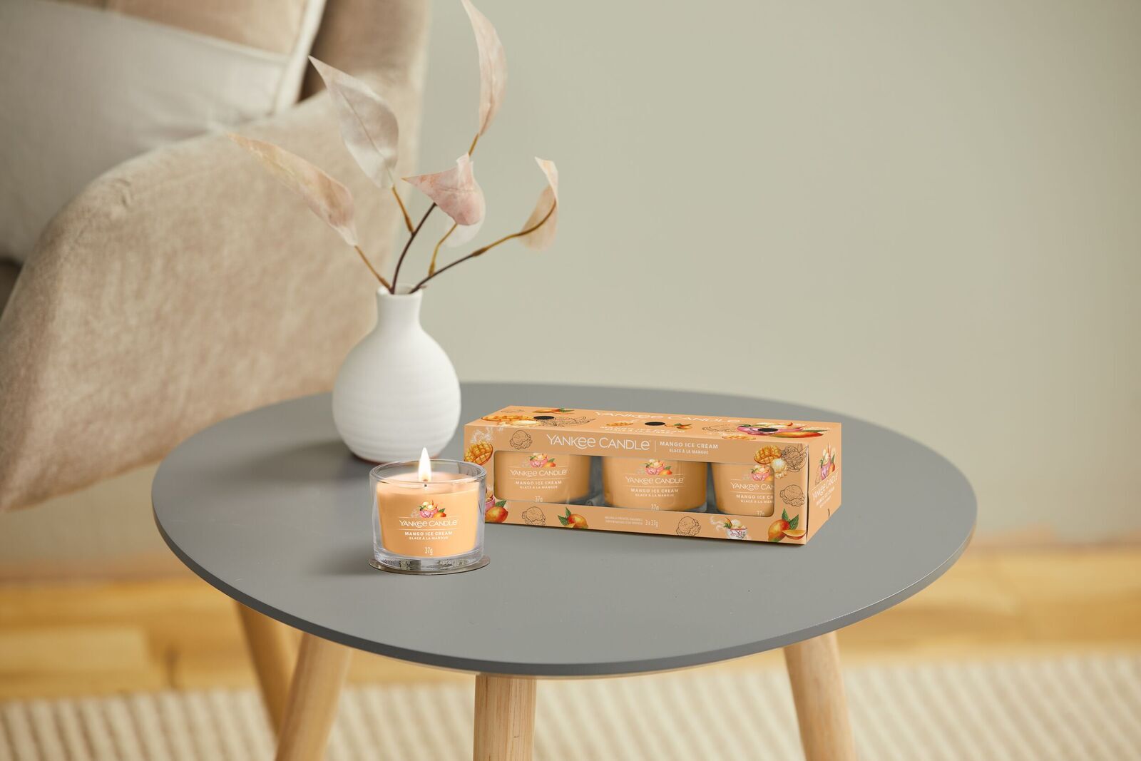 filled-votives_Set-1_Mango-ice-Cream Mango Ice Cream 37g Glasvotivkerze 3er Pack