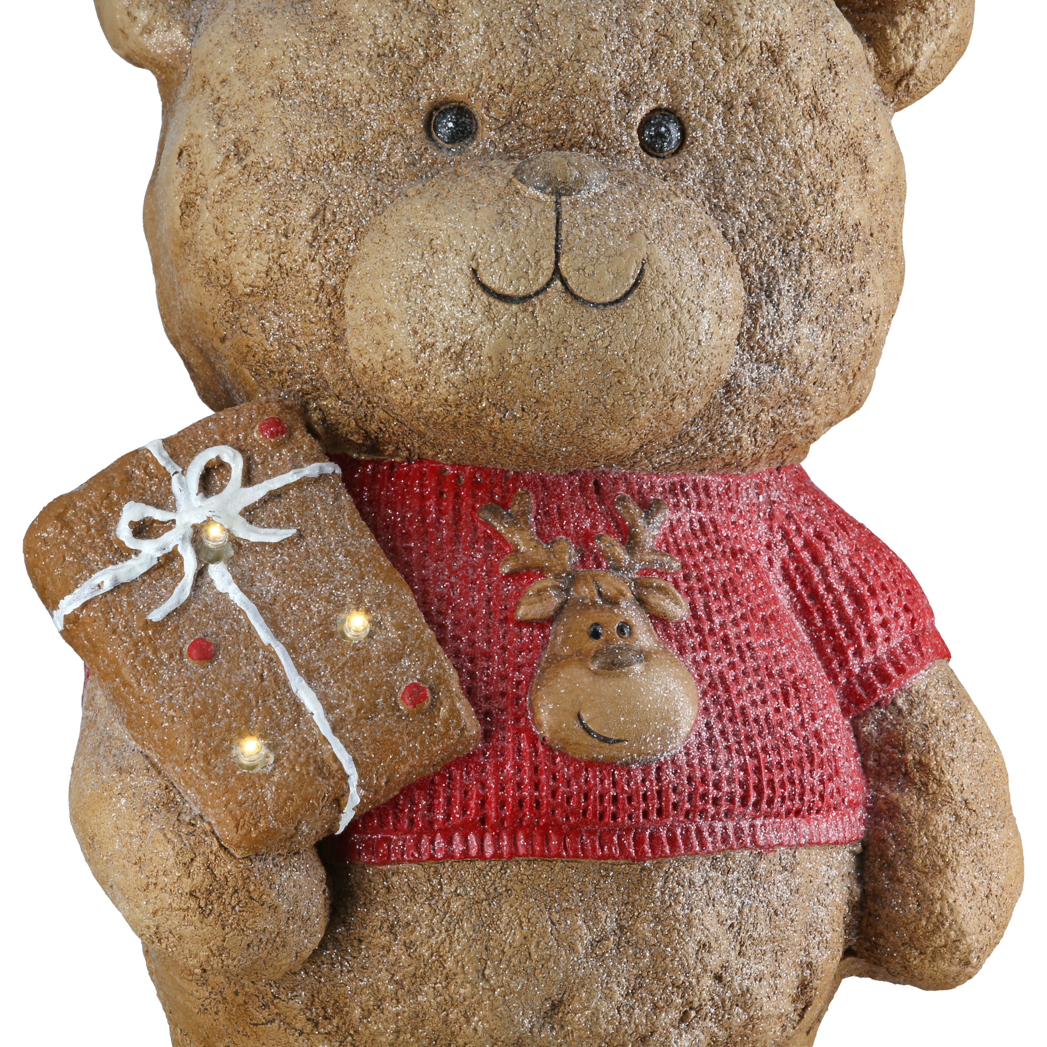 Dekofigur Bär Benno LED 35cm Magnesia Teddy-Bär, rote-Sweatshirt, Geschenkschachtel, Rentier-Patch, Glitzernd