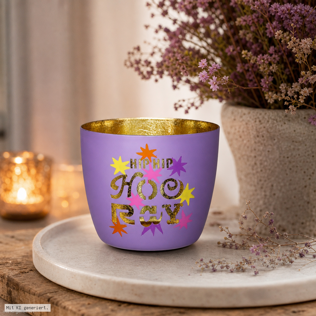Madras Windlicht M mit Motiv Hip hip hoo ray in lila/gold ipferl?, purple cup?