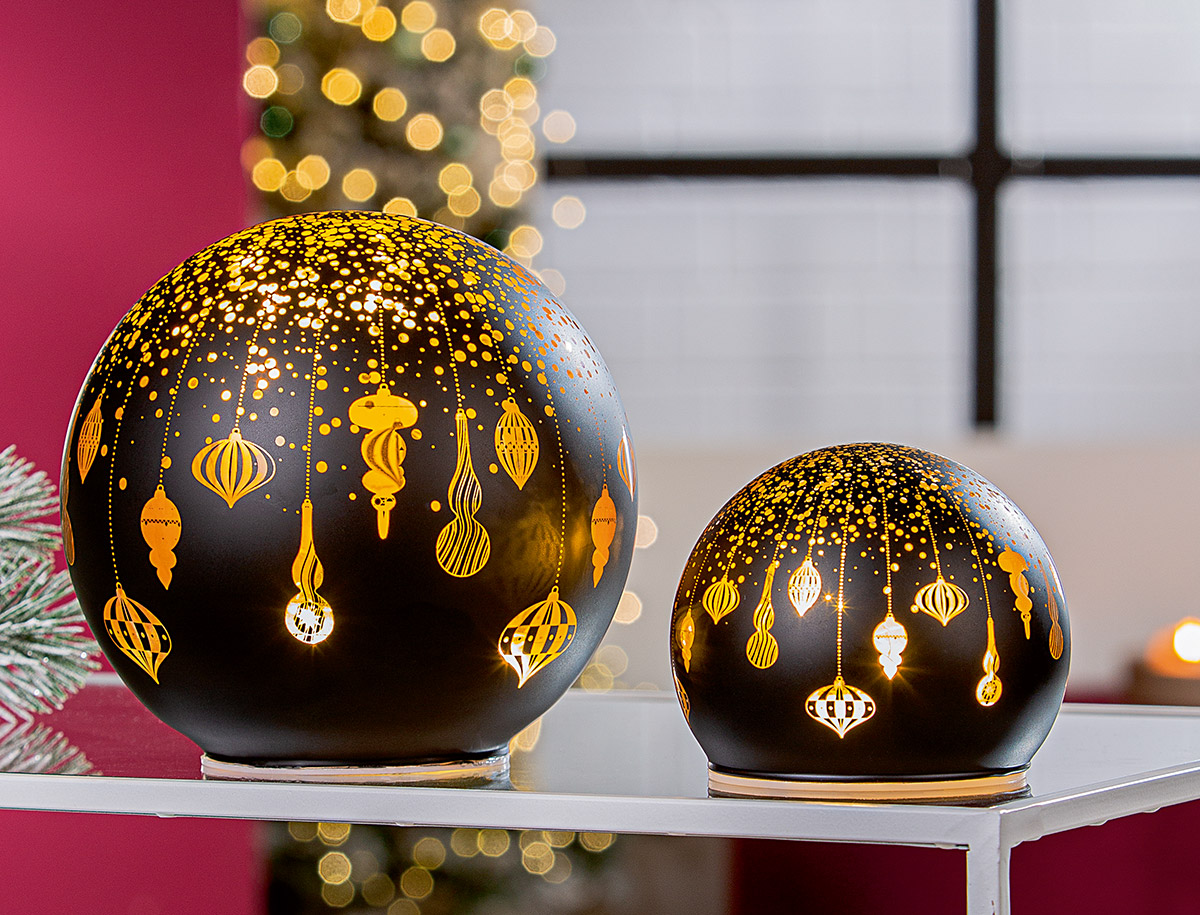 Lichtkugel Noel schwarz 15cm Schmuckball, Glasdekoration, Weihnachtskugel, Ornament, Lichterpunkte