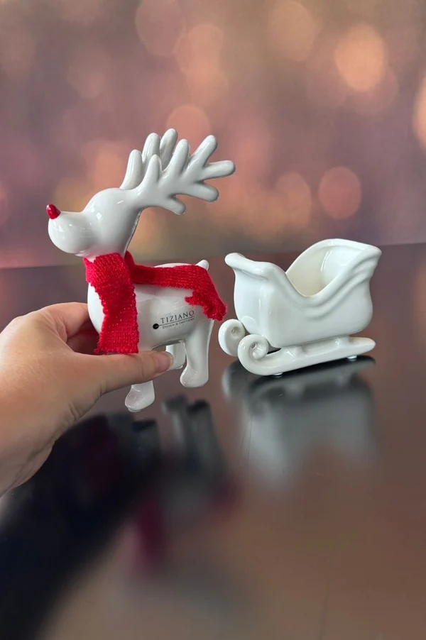 Rentier Rudolph mit Schlitten Weihnachtsdeko, Rentier, Schlitten, Porzellan, rot
