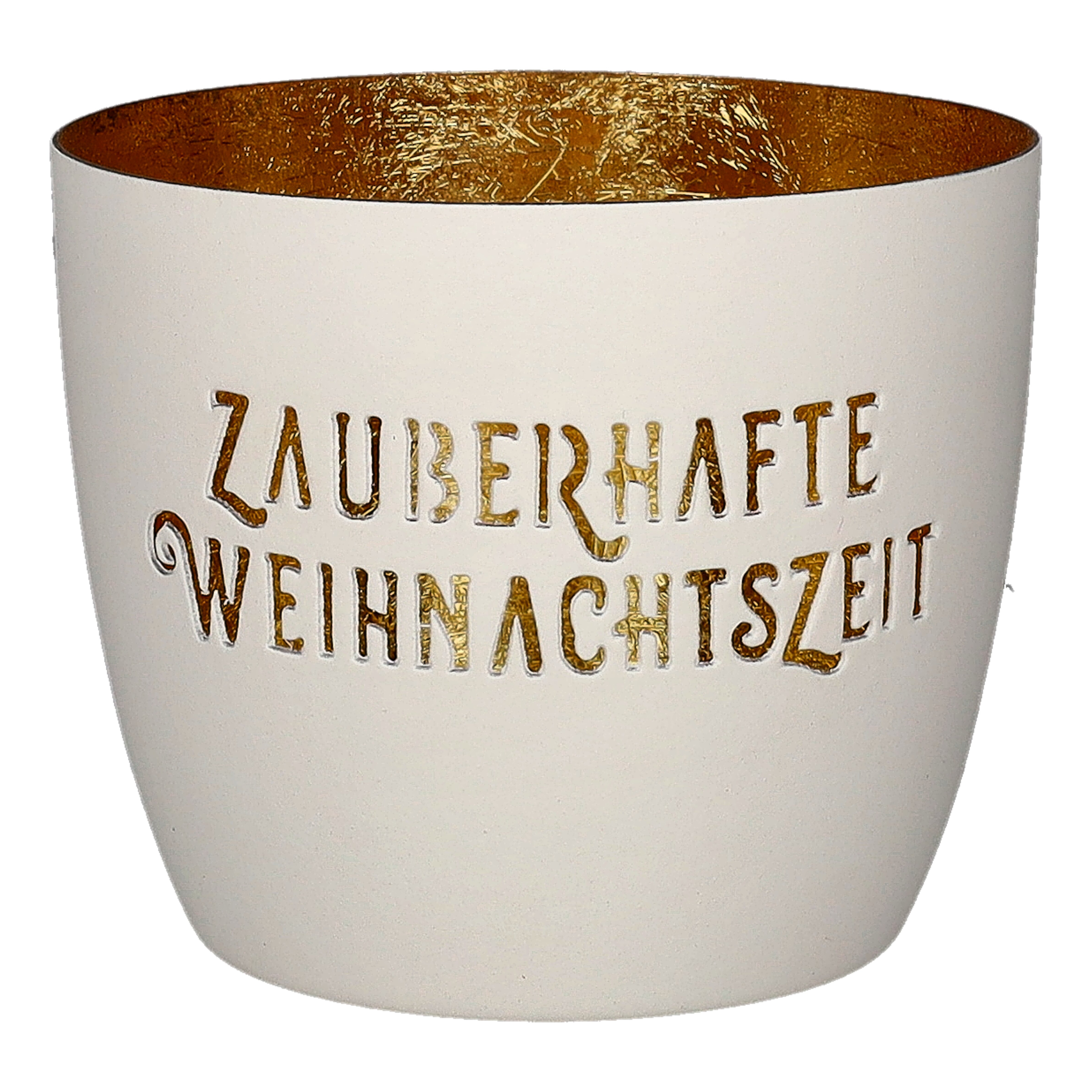Madras Windlicht M mit Motiv Zauberhafte Weihnachtszeit weiß/gold Weihnachtskegel, Weihnachtsdeko, Goldene Innenseite, Schüssel, Glänzend