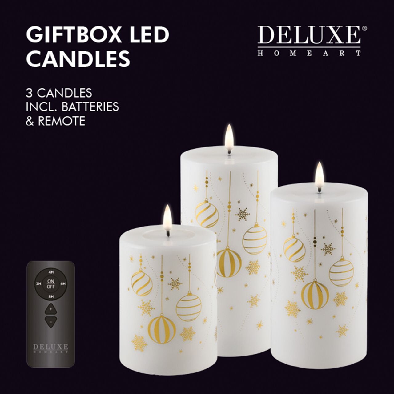 gold Weihnachts-Giftbox Stumpenkerzen LED weiß/gold mit Aufdruck und Diode