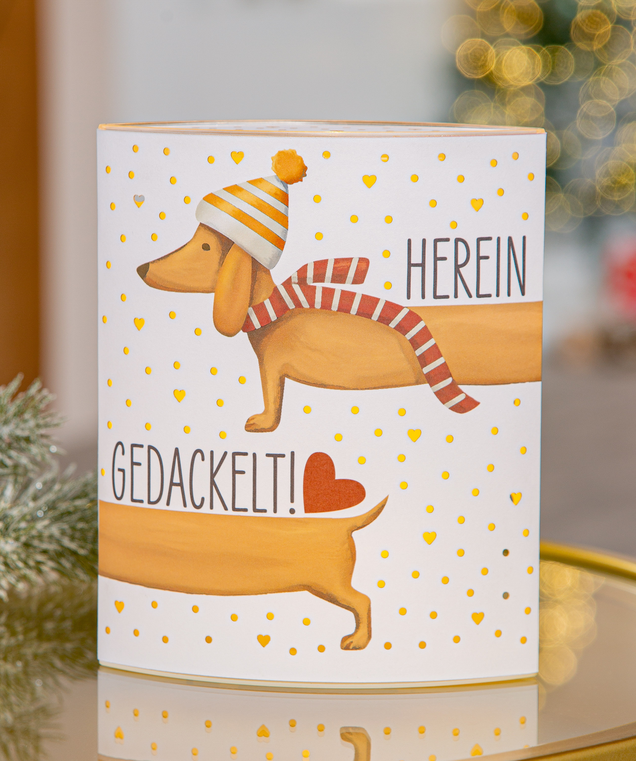 Dekoleuchte Dackel Frieda LED Papier weiß box, gift, winter, dog, pattern