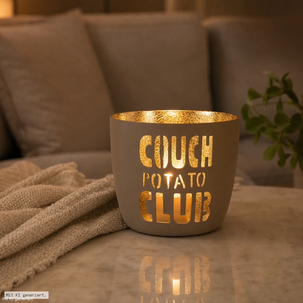 Madras Windlicht M mit Motiv Couch Potato Club in sandstone/gold Kerzenhalter, Kartoffel-Kerze, warmer Glanz, Deko-Beleuchtung, Keramikhalter