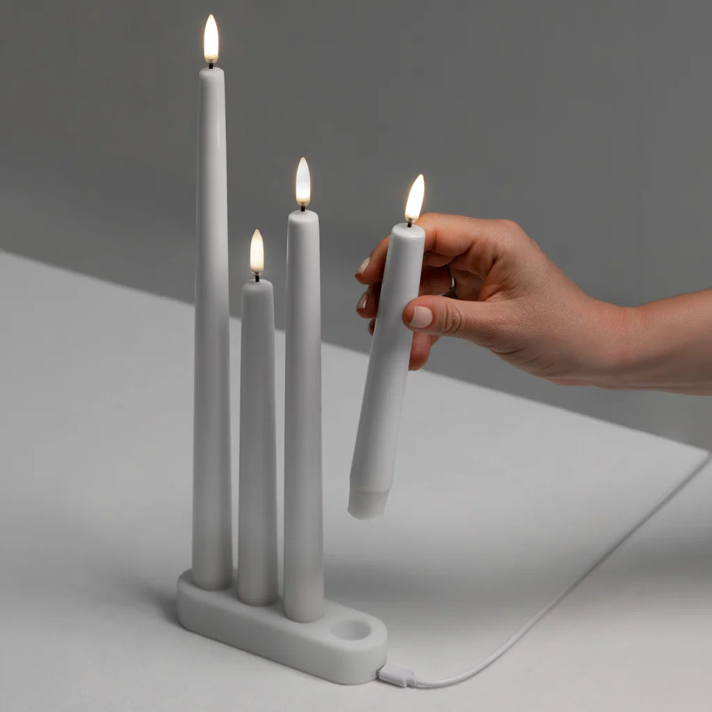 Piffany LED Akku-Basis Taper 4 mit USB-C, Weiß 13x4cm Kerzenhalter, Kunststoff, Votivkerzen?, Elektrisch, Tischlampe?