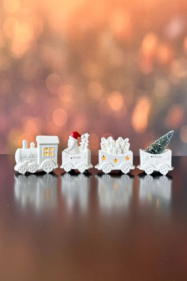 Deko Zug Lukas 4tlg LED cremeweiß Weihnachtszug, Miniaturzug, Weihnachtsdekoration, Keramik, Winterdeko