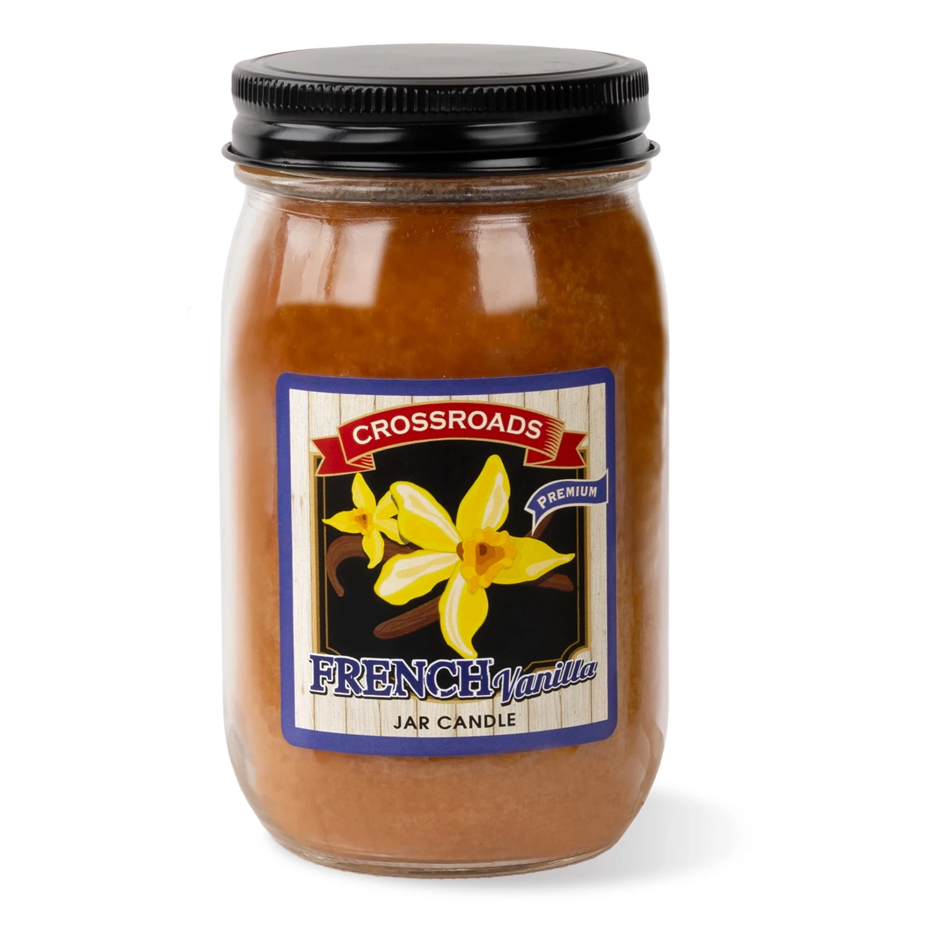 Crossroads French Vanilla Duftkerze im Glas 340g Duftkerze, Glasgefäß, Vanilleduft, braunes Wachs, schwarzer Deckel
