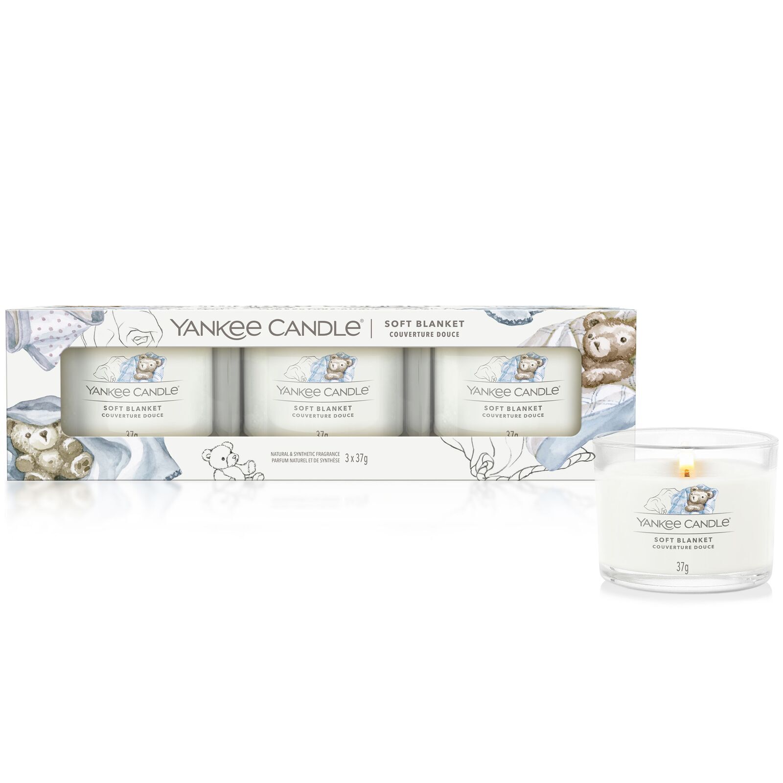 Soft Blanket 37g Glasvotivkerze 3er Pack
