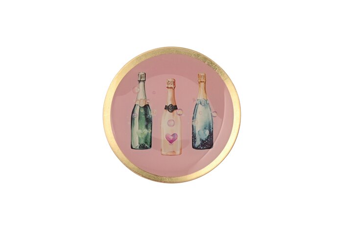 Love Plates Glasteller M Champagner Flaschen rund rosa Flasche, Champagnerflasche, Glasuntersetzer, Dekorplatte, Pink