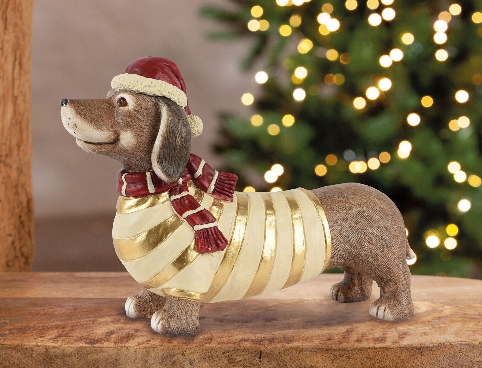 Deko Figur Dackel Frieda mit Pulli Hund Figur, Weihnachtsfigur, Dekoration, Gold Streifen, Rot-Schal