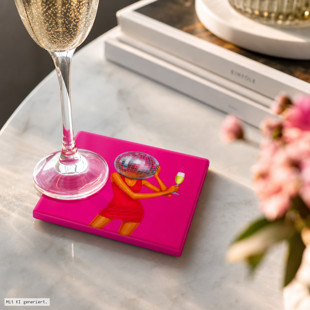 Love tiles Untersetzer mit Motiv Frau mit Disco Kugel neon pink pink palette, glass of champagne, disco ball artwork, compact notebook, pink accessory