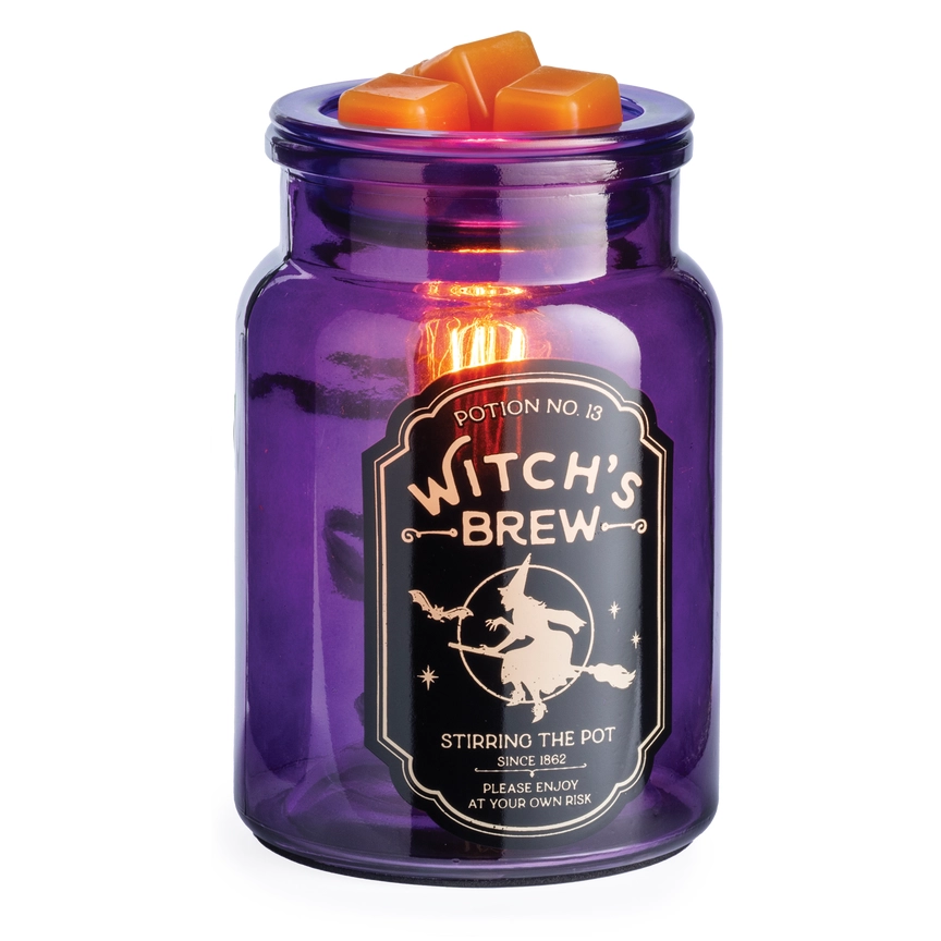 Duftkerze, Glasgefäß, Violettes Glas, Hexenmotiv, Halloween-Dekor