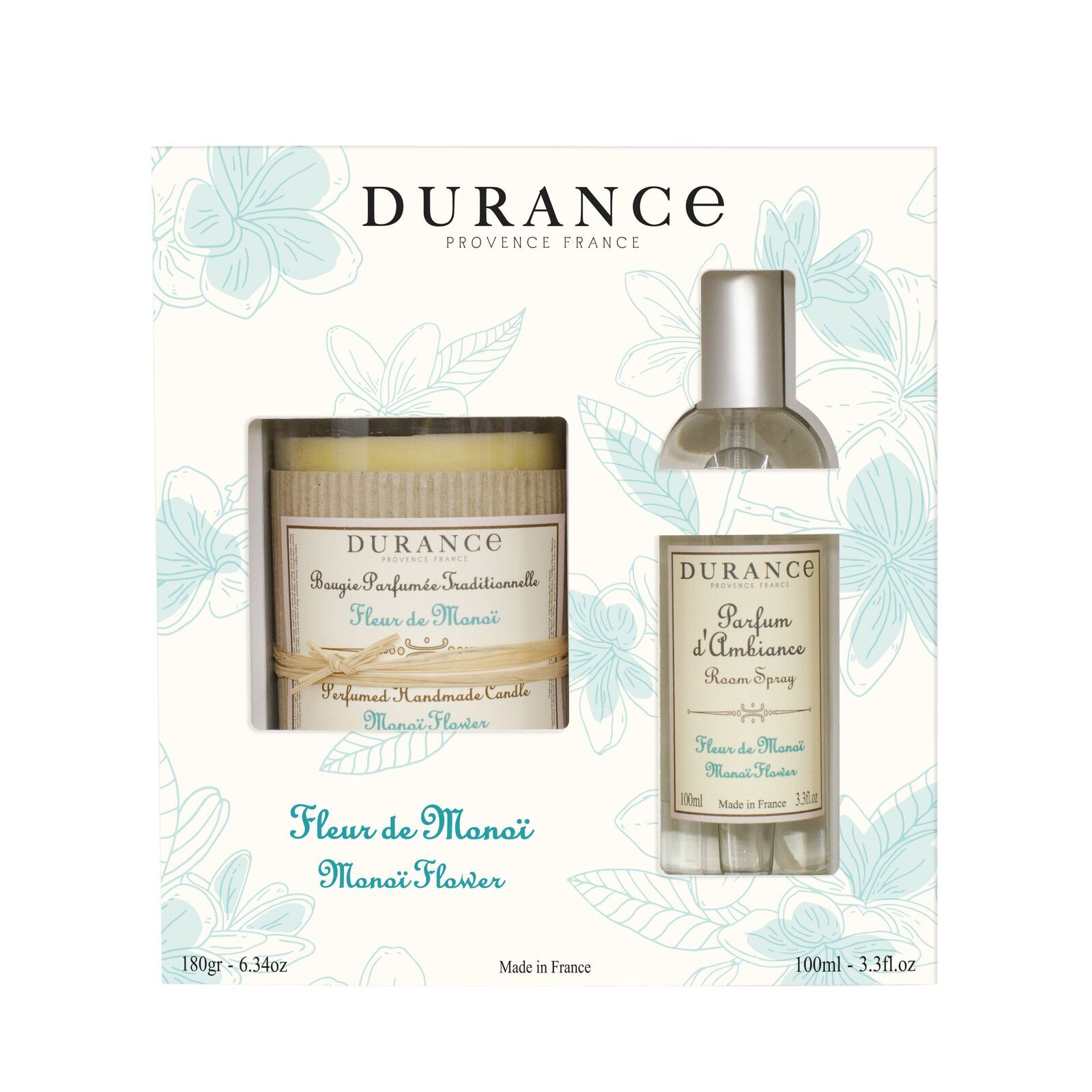 Monoi-Blüte Duftkerze 180g & Raumspray 100ml Flasche