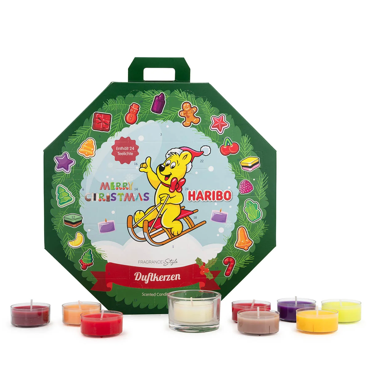 Adventskalender, Duftkerzen, Weihnachten, bunte Kerzen, Haribo