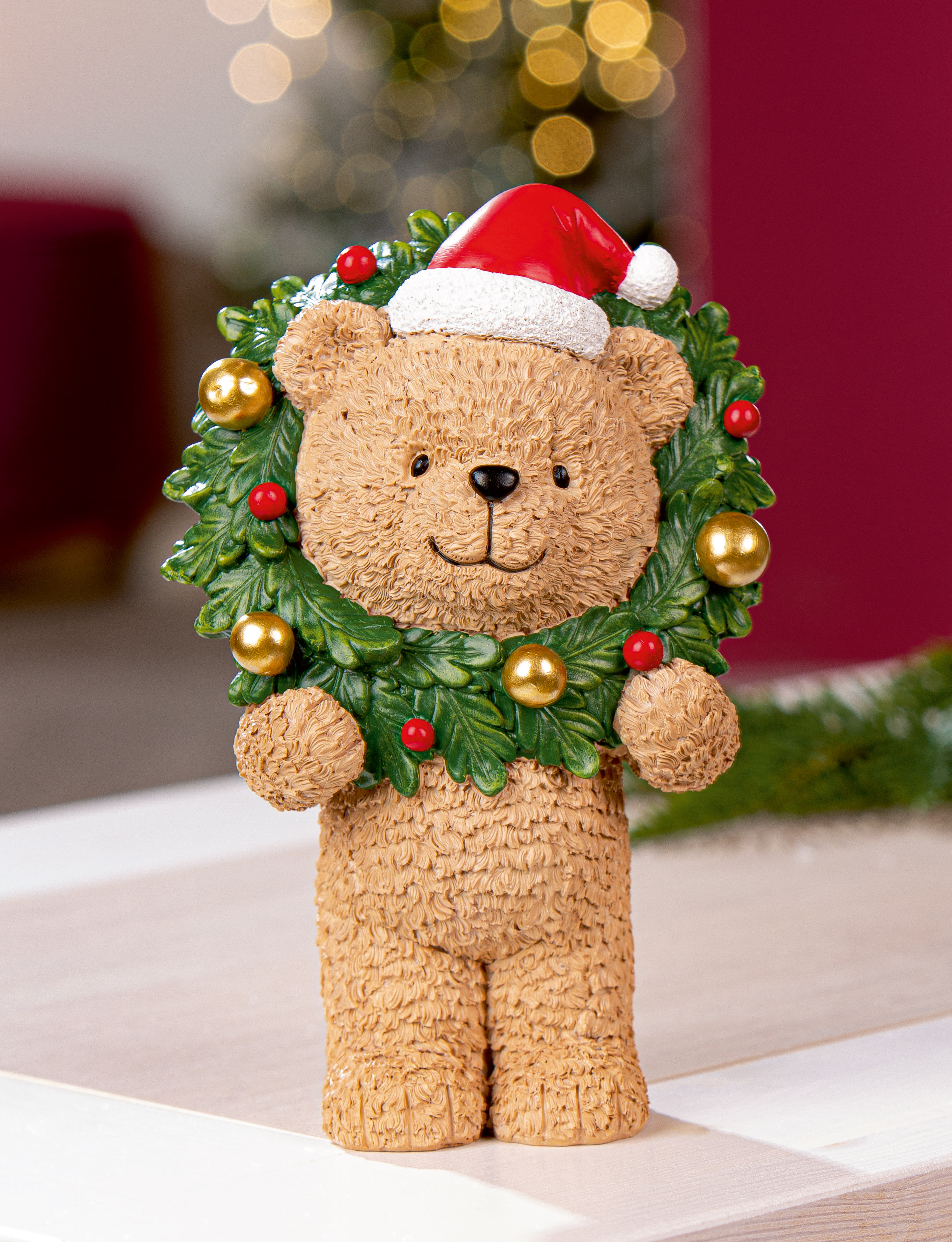 teddy bear, Santa hat, wreath, holiday ornament, gold balls