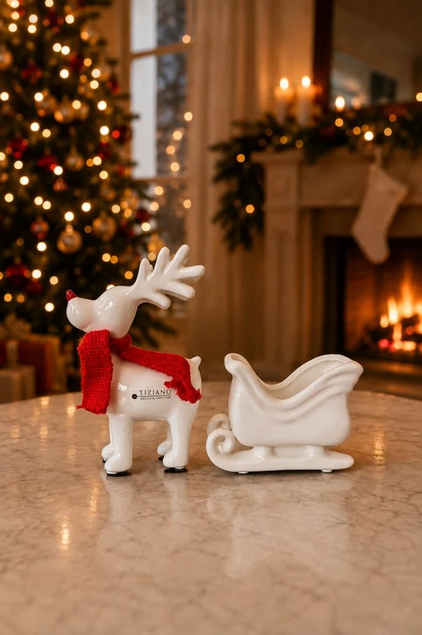 Rentier Rudolph mit Schlitten Weihnachtsdeko, Rentier, Schlitten, Porzellan, Winterdeko