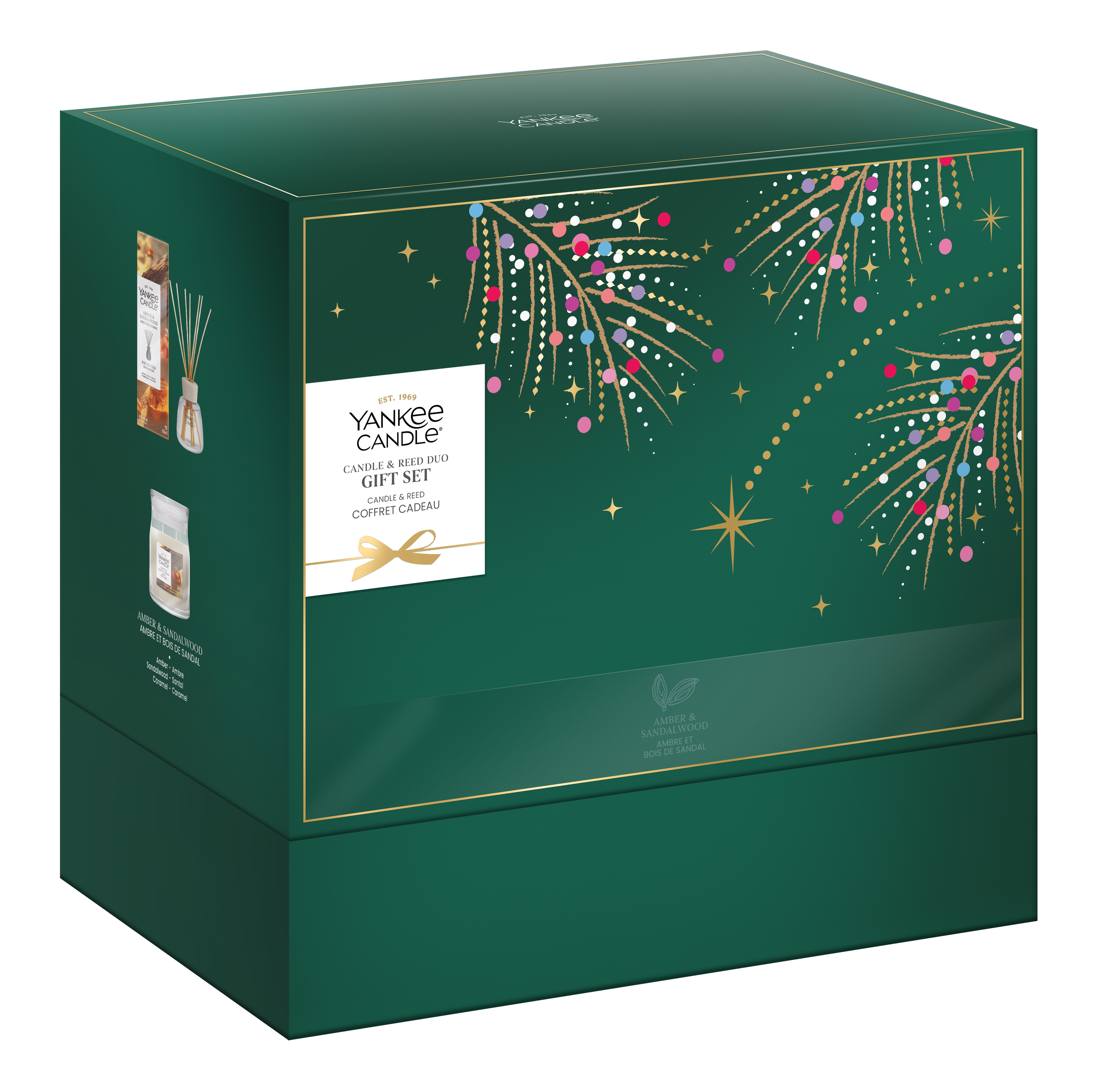 Geschenkset, Kerzenbox, grünes Kästchen, Feuerwerk-Design, goldenes Band