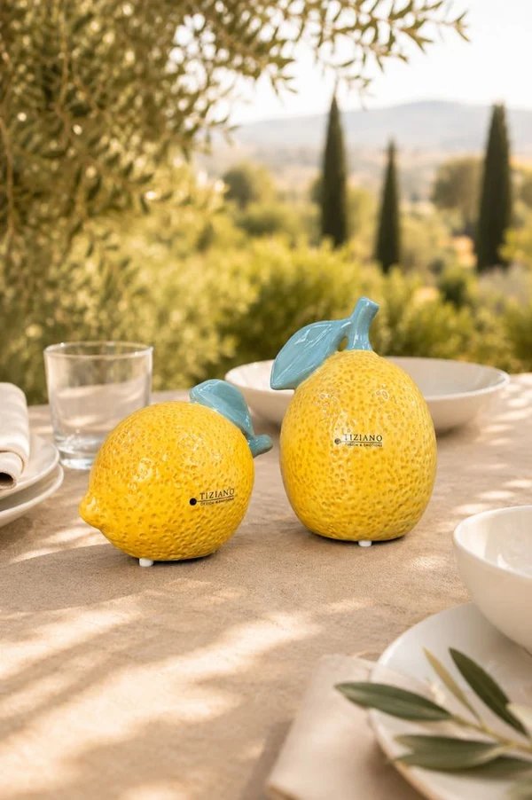 Zitrone Tipano gelb liegend 10cm Zitrone, Keramikfigur, Tischdeko, Außenbereich, gelbe Frucht