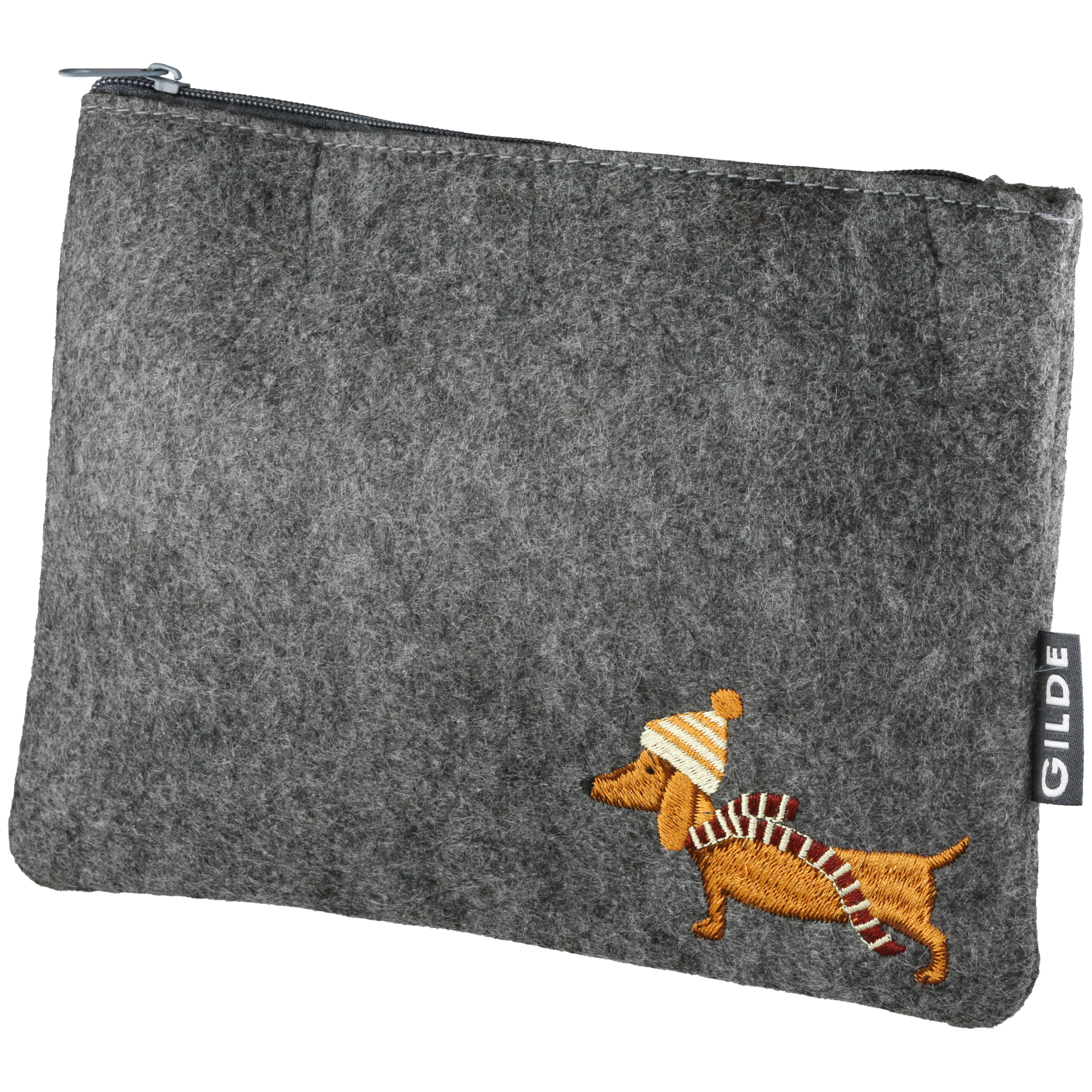 Täschchen Frieda 20cm Tasche, Filz, Grau, Applikationshund, Reißverschluss