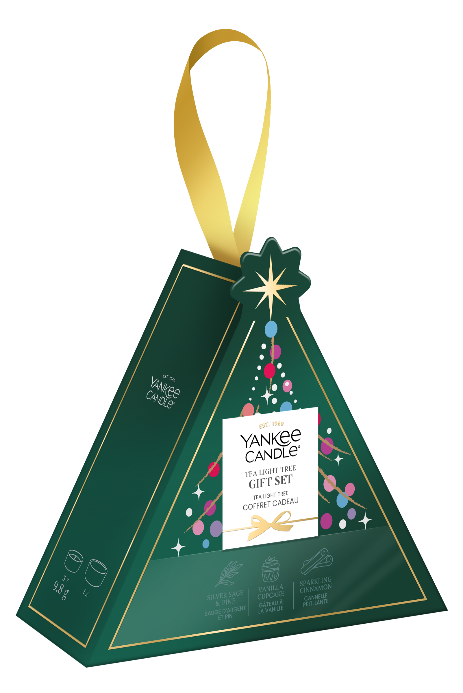 Geschenkset, Teelichtbaum, grüne Verpackung, goldenes Band, Weihnachtszeit