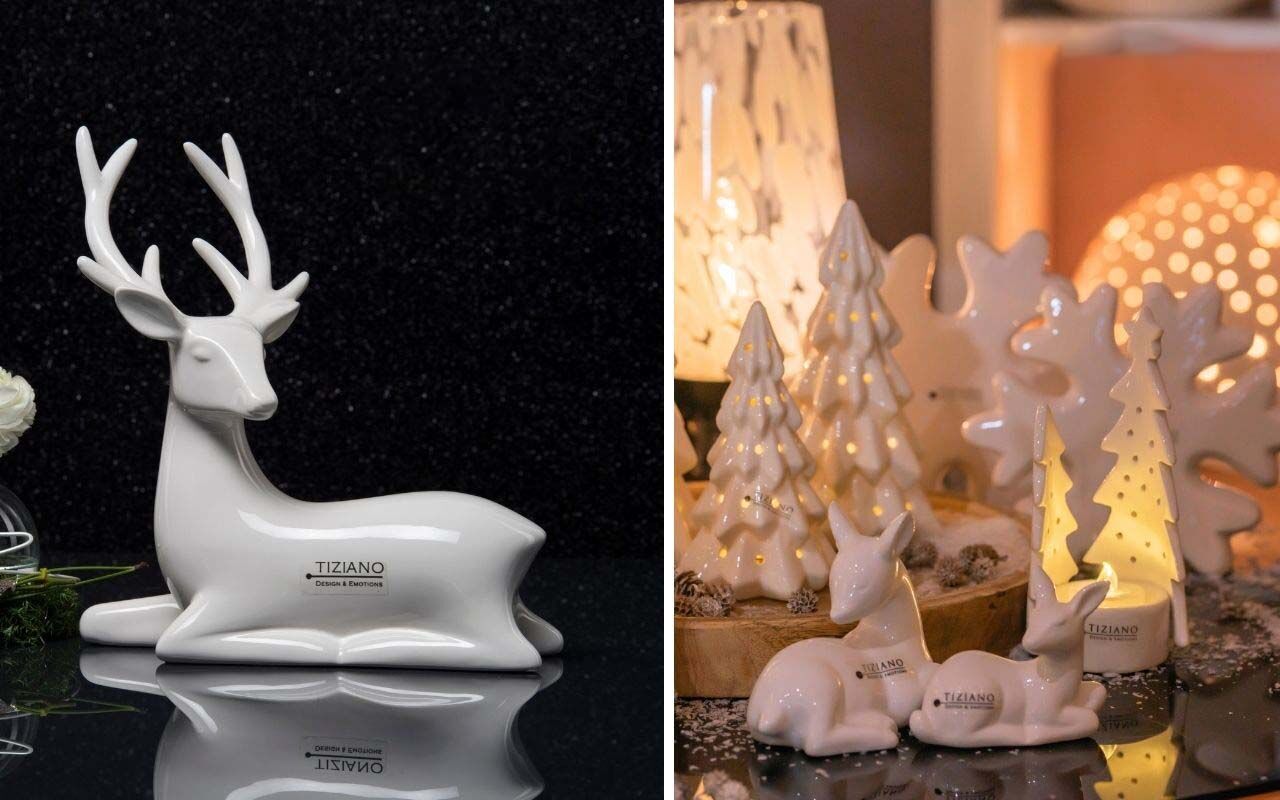 Hirsch Riola liegend 20cm cremeweiß Figur, Geweih, Kunst, Porzellan, Töpferei