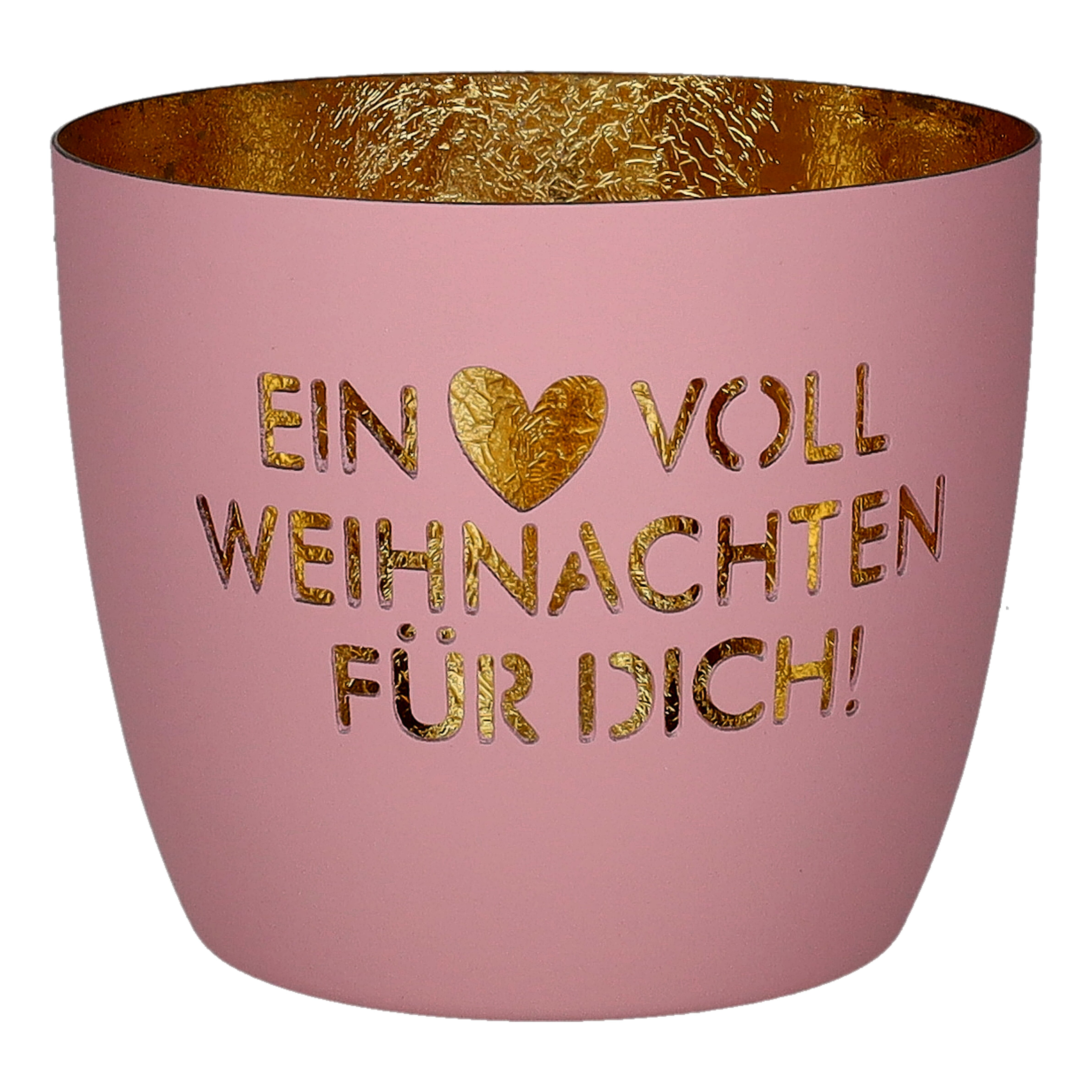 Madras Windlicht M mit Motiv Ein Herz voll Weihnachten für Dich Tassenbecher, Becher, Pink, Goldene Innenbeschichtung, Weihnachtsgeschenk