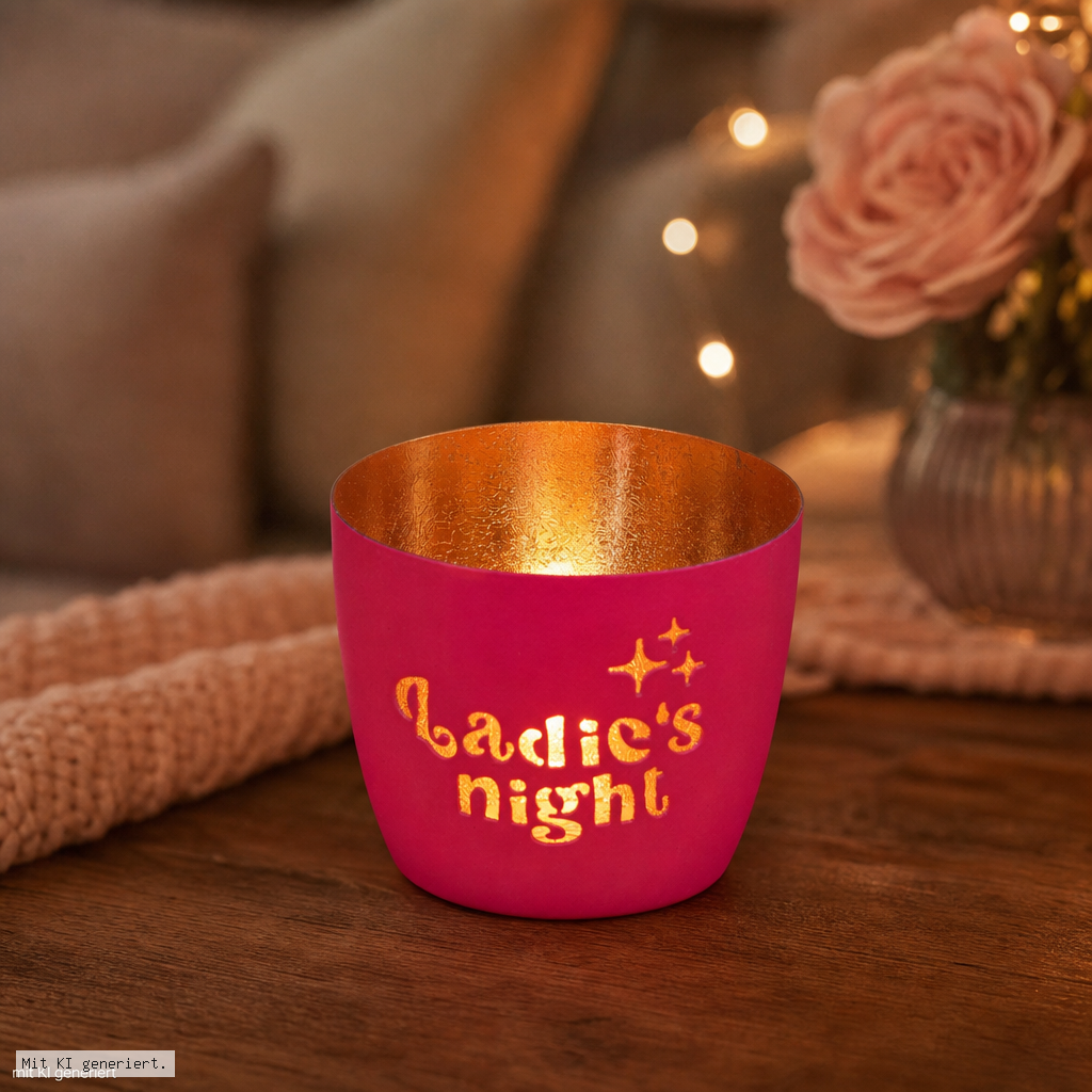Madras Windlicht M mit Motiv Ladies night in hot pink/gold Karaffe, Glas, Kuscheln, Kerzenhalter, Hubschrift?