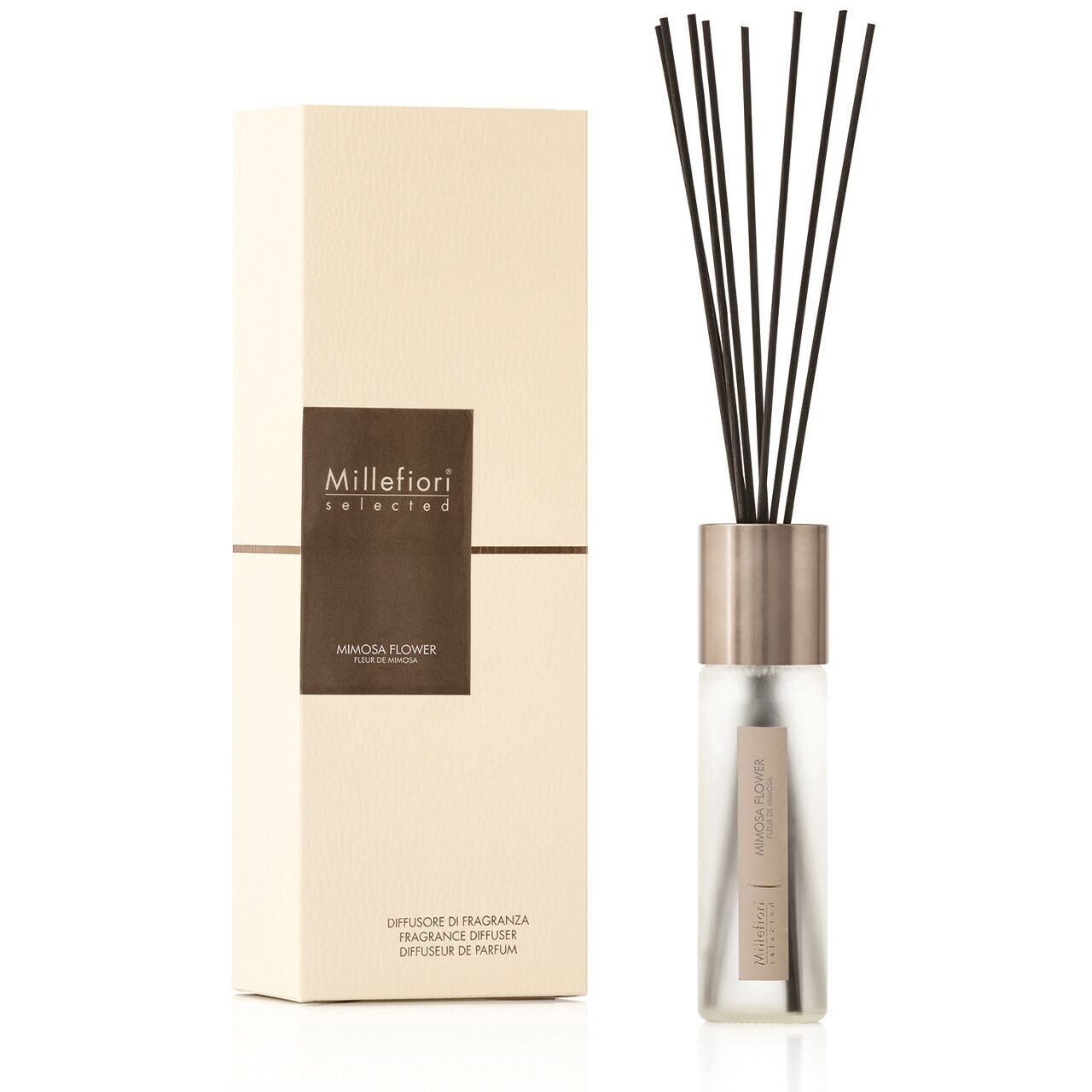 22PDMRMillefiori-Selected_Reed-Diffuser-100ml_Product-and-Pack_Mimosa-FlowerE Mimosa Flower - Selected Reed Diffuser 100ml