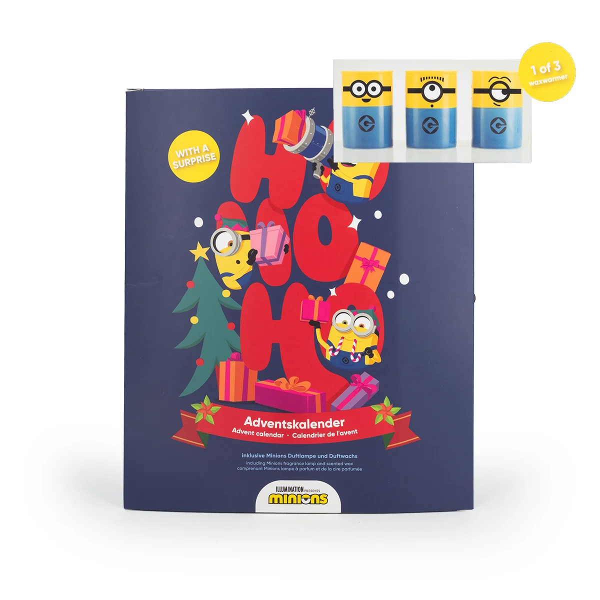 Minions™ Adventskalender mit Teelicht-Duftlampe & 24x Duftwachs Adventskalender, Minions, Geschenkbox, Präsente, blauer Karton
