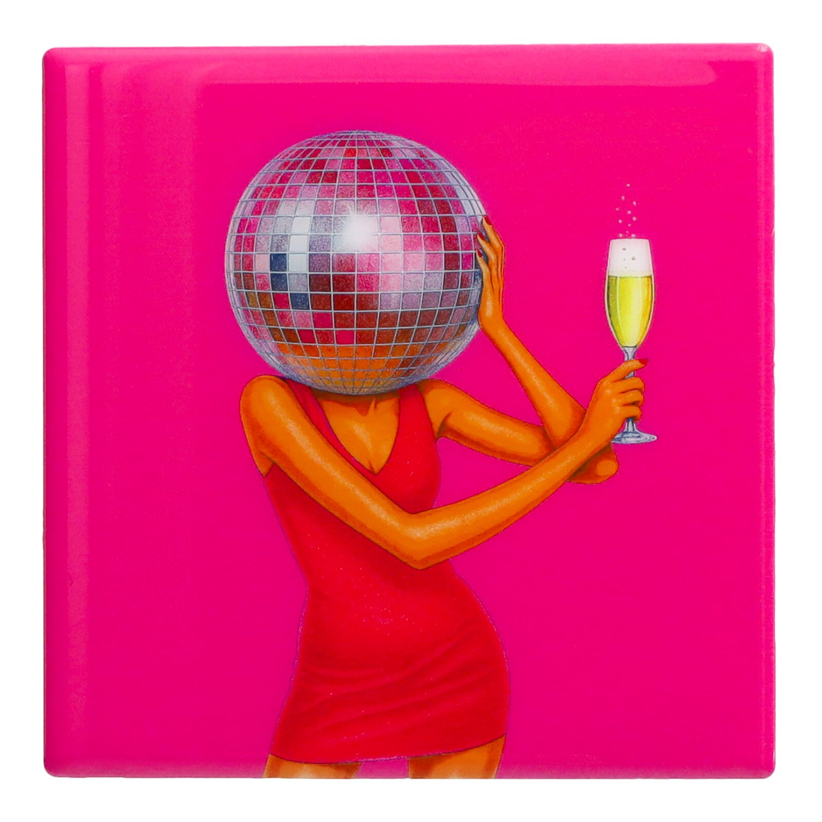 Love tiles Untersetzer mit Motiv Frau mit Disco Kugel neon pink Disco ball, Pinker Hintergrund, Damenfigur, roter Kleid, Champagnerglas