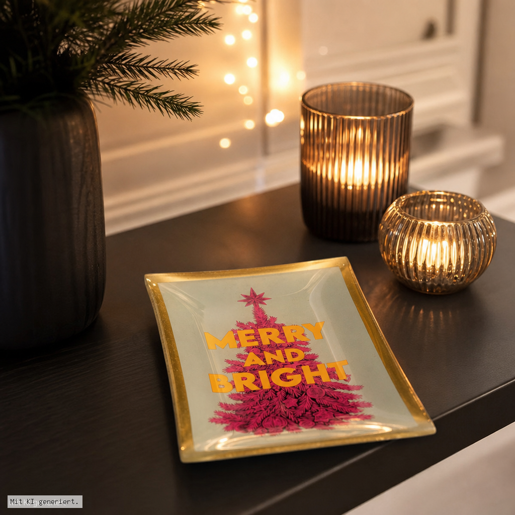 Love Plates Glasteller M mit Motiv Merry and bright, mehrfarbig weihnachtsdeko, fotoplattform?, merry and bright, kerze, platte mit goldrand
