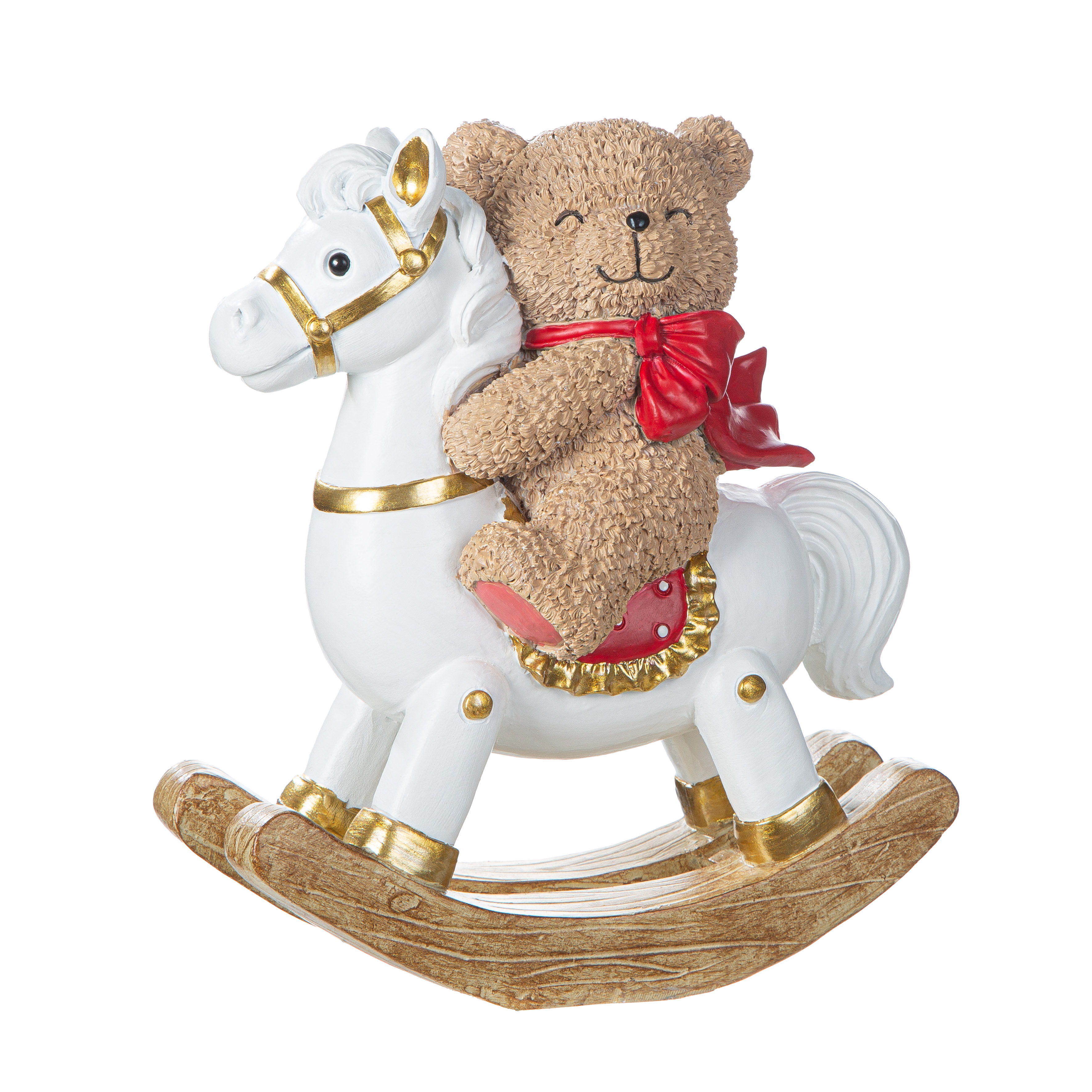 Deko Figur Yulebär Schaukelpferd 17,5cm Pferd, Weihnachtsfigur, Spielzeugfigur, Holzrocker, Teddybär