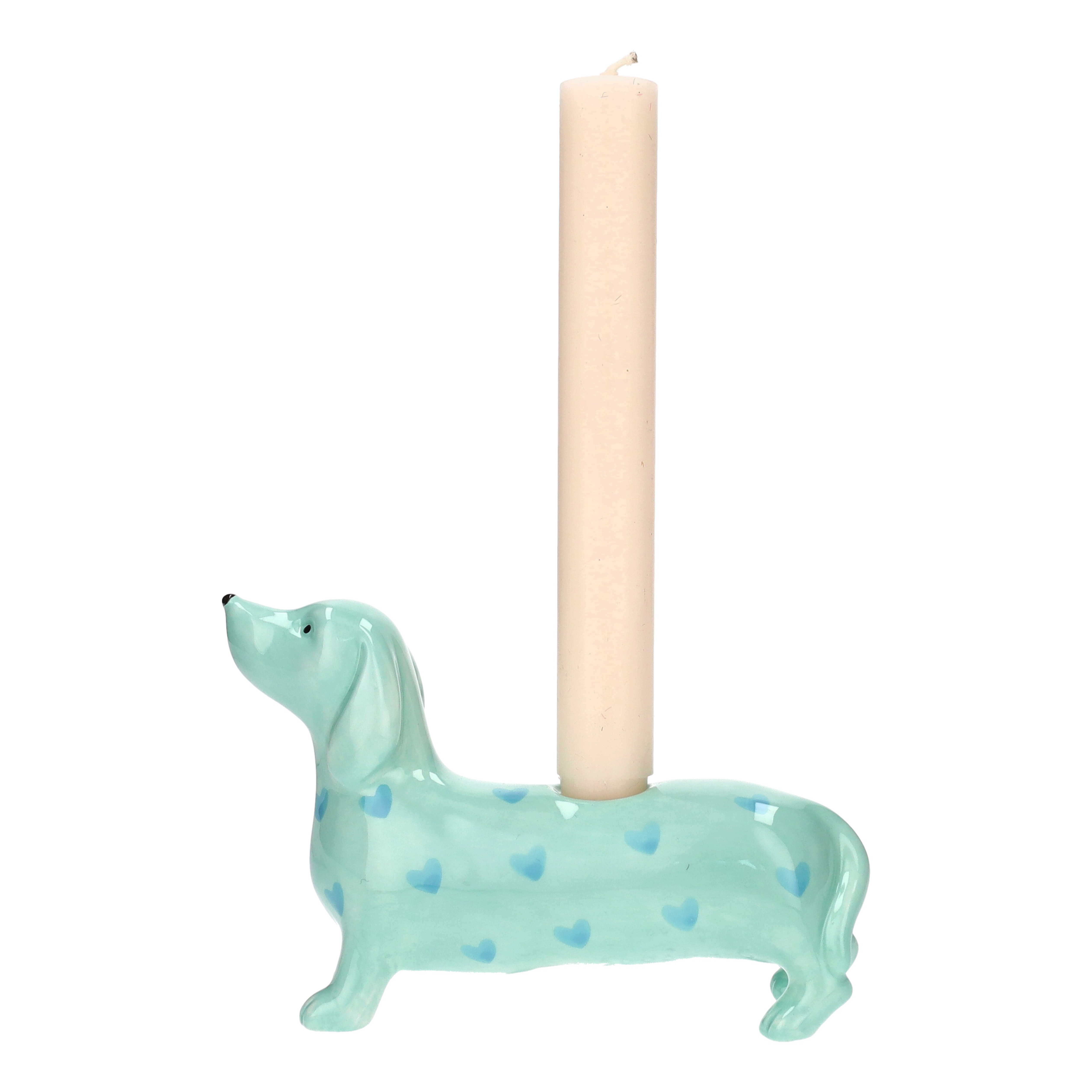 Mignon Kerzenhalter Dackel mit Herzen türkis 17x6x11,5cm Deko-kerze, Hund-Deko, Sitzende-Hund-Form, Teelicht, Teelichthalter-Hund