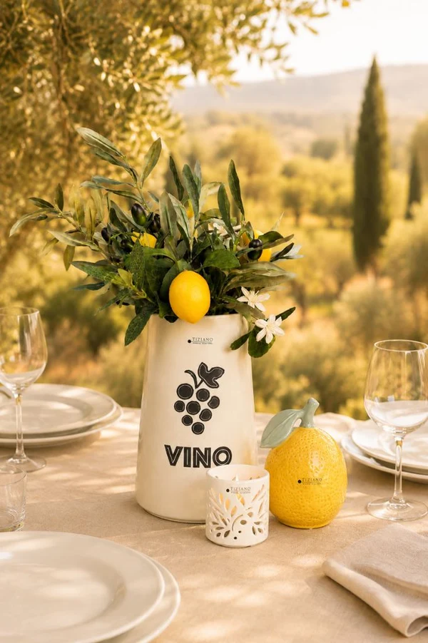 Zitrone, Vase, Olivenzweige, Tischdeko, Orangenfrucht