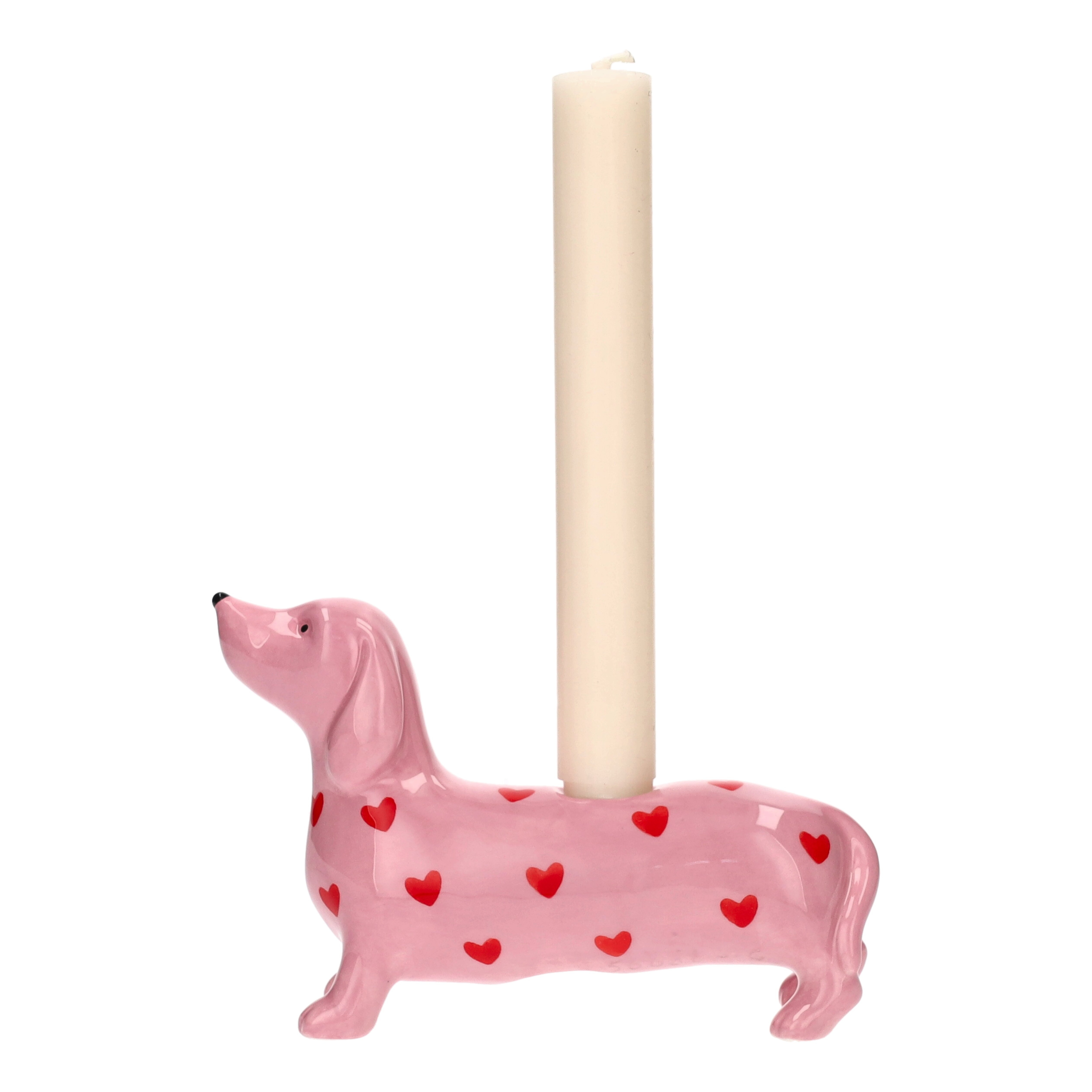 Mignon Kerzenhalter Dackel mit Herzen rosa 17x6x11,5cm Hund, Kerze, Pinkeuter, Dekor, Herzchen