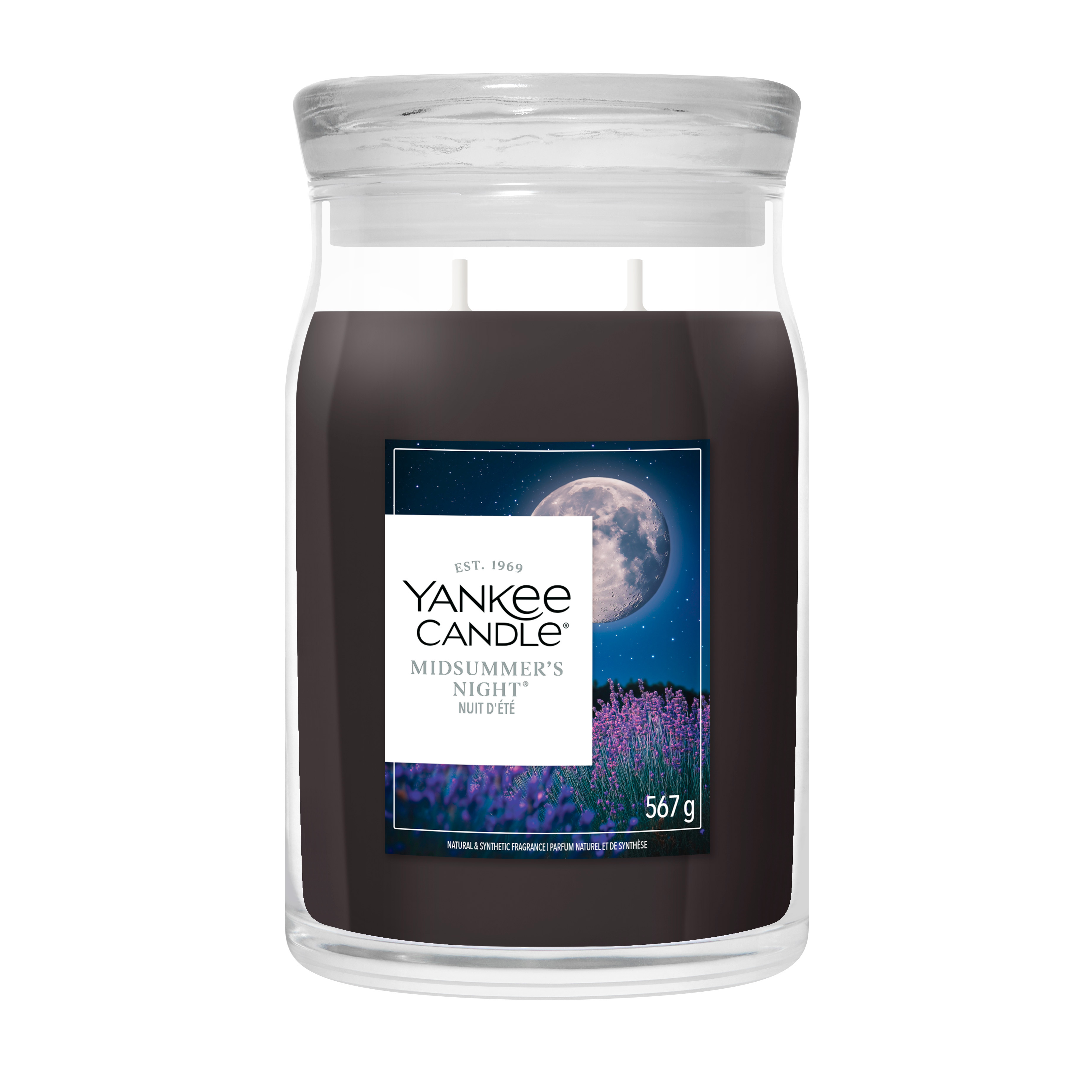 Midsummers Night Signature Jar 567g 2-Docht Wachskerze, Sojawachs, Dunkelbraun, Mond-Label, Lavendelbild