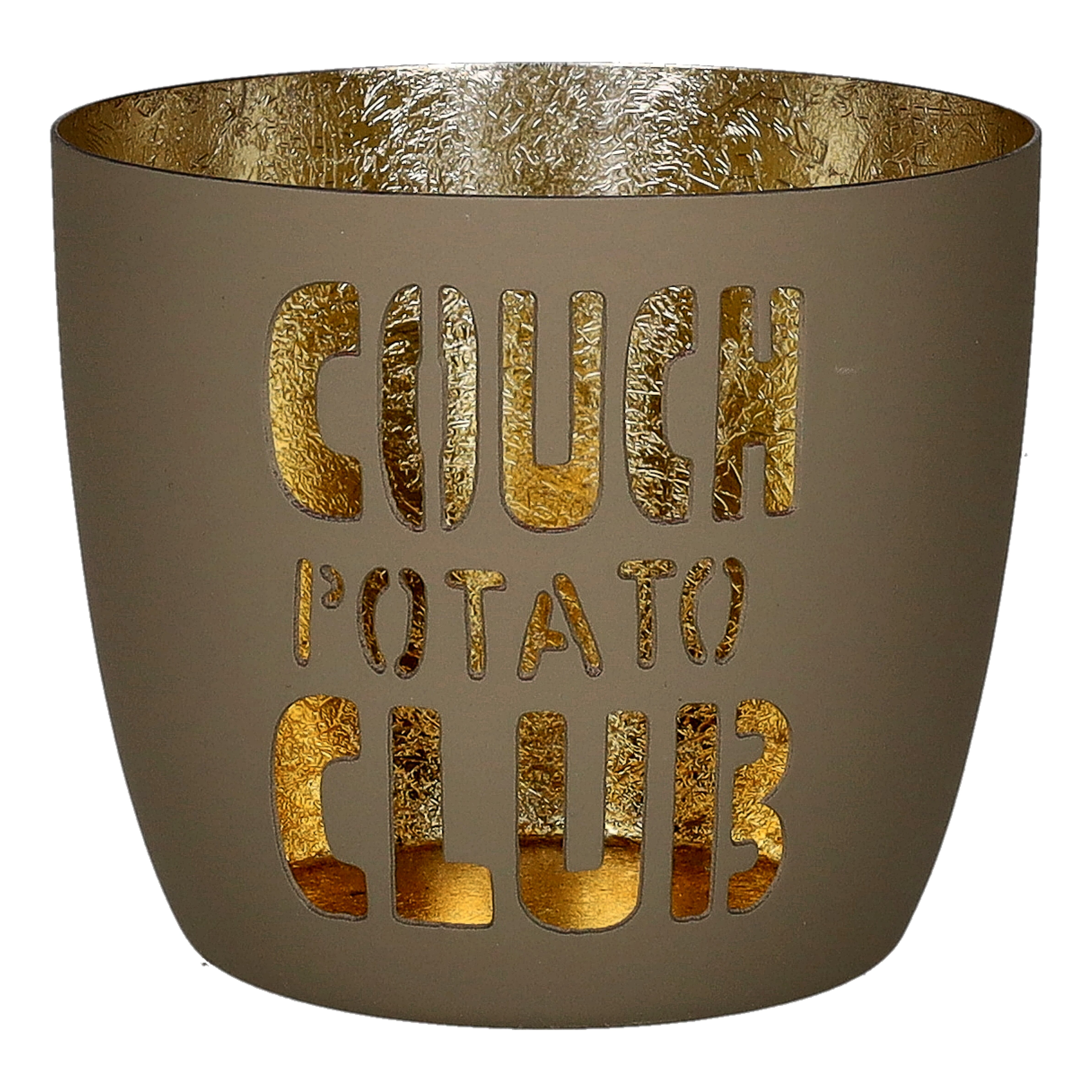 Madras Windlicht M mit Motiv Couch Potato Club in sandstone/gold tumbler, gold, crackled, metallic, Zitat-Becher