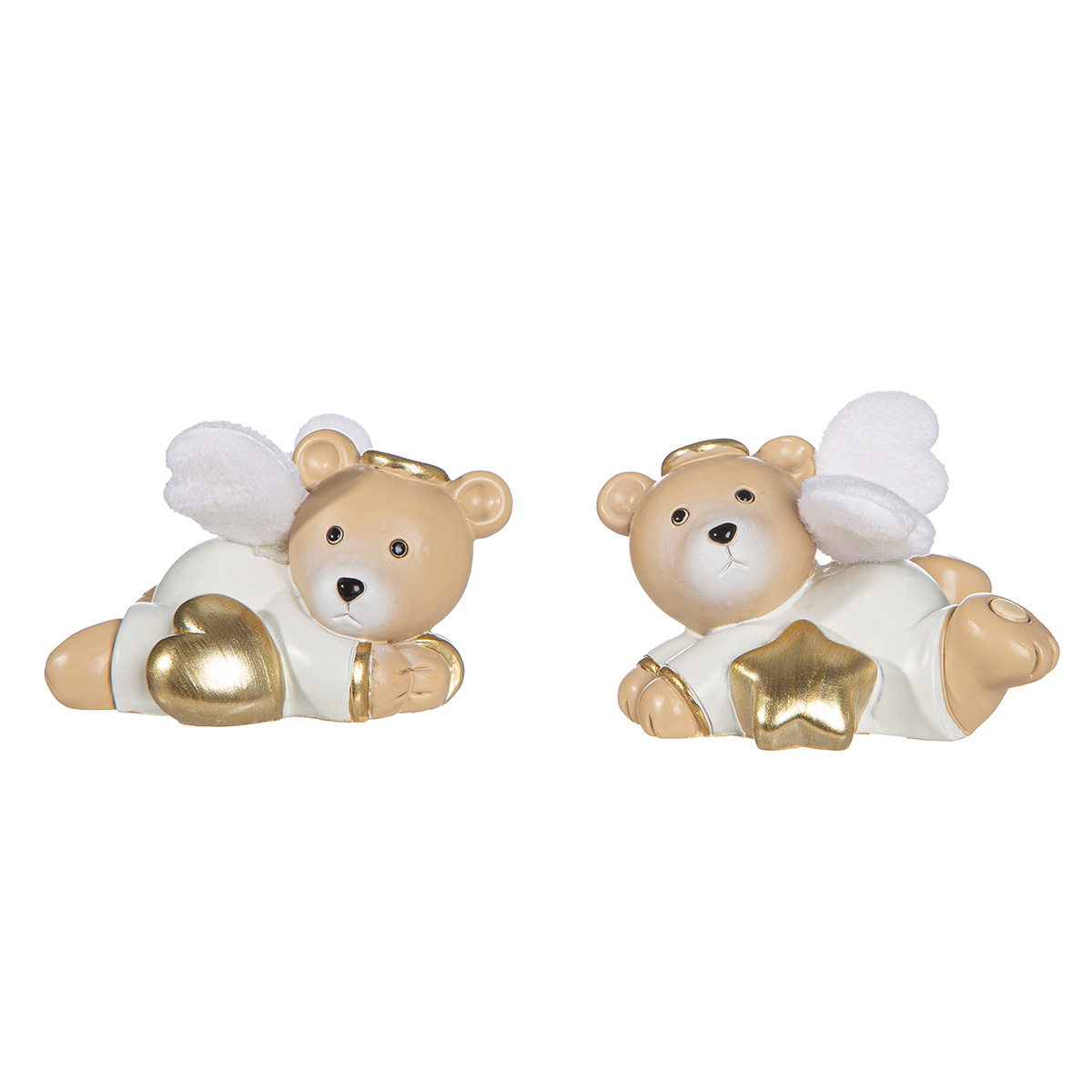 Dekofigur Bär Milo Stern liegend Engel Teddy, Engelfigur, Goldfarben, Weiß, Flügel