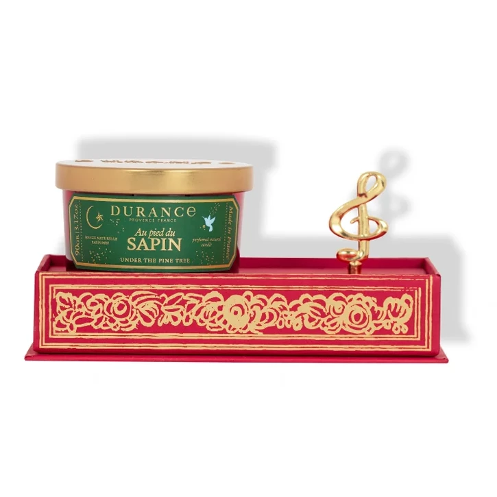 Spieluhr-Set und Duftkerze 90g Am Tannenbaum von Durance Duftkerze, Unterlage aus Holz, Grüne Dose, Goldene Dekoration, Dekor-Set