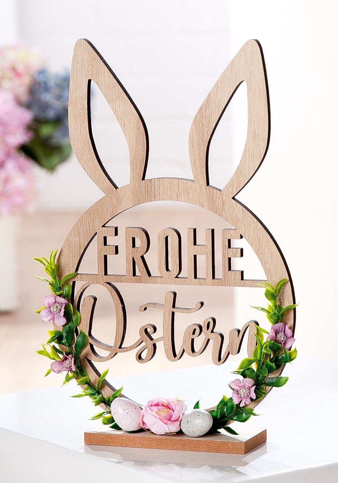 Standrelief Frohe Ostern Hase 31cm Blume, Blumen-Arrangement, Pflanze, Rose