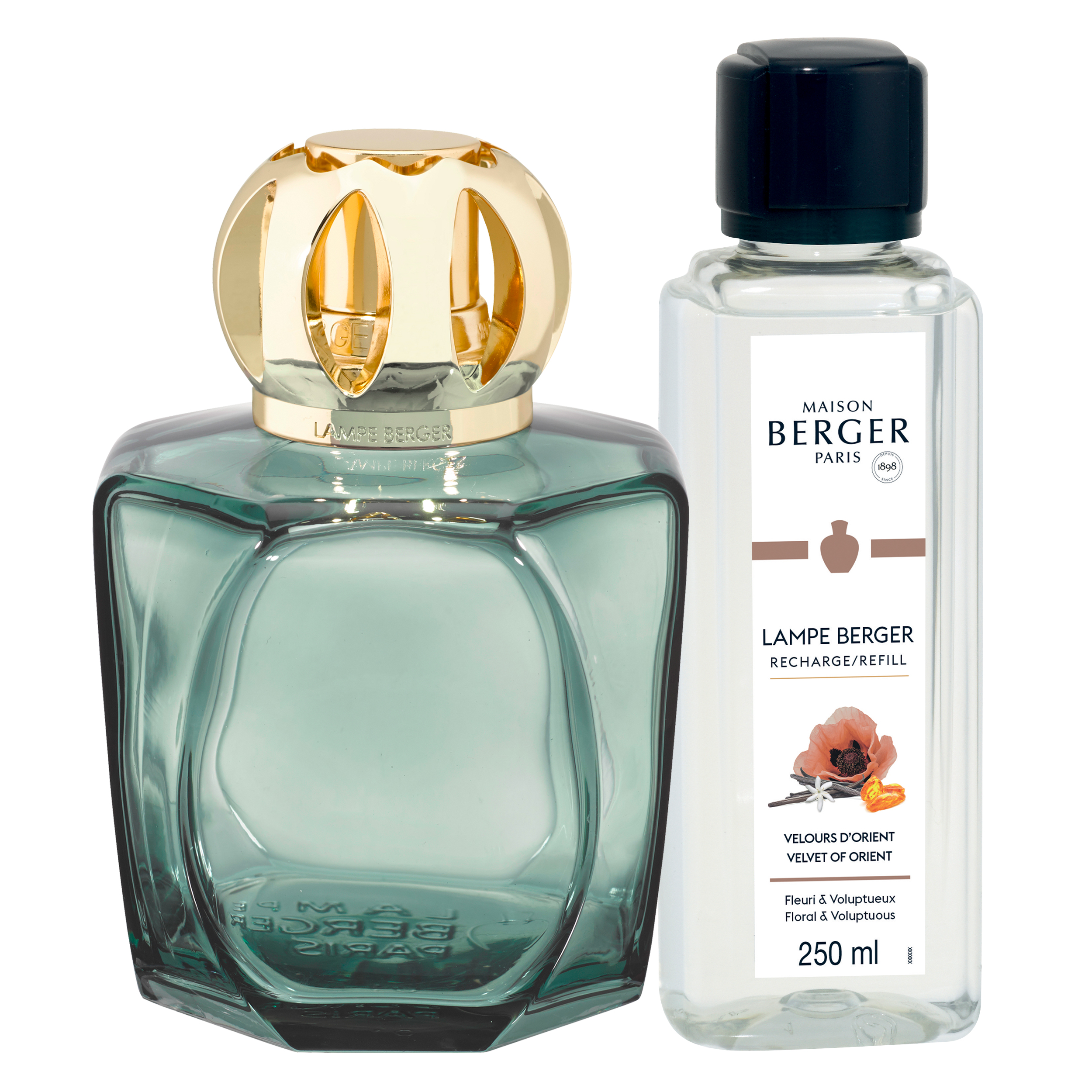 Parfum, Flakon, Blaugrüne Flasche, Goldkappe, Zerstäuber/Recharge-Refill