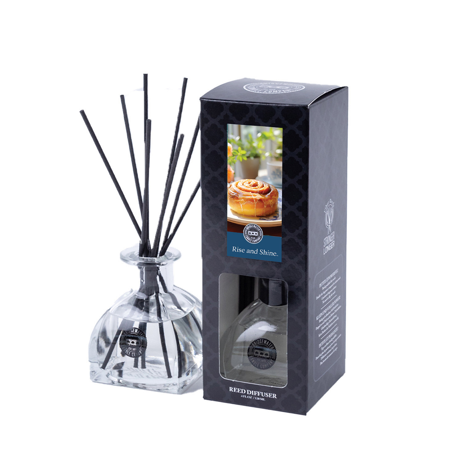 diffuser, reed diffuser, essential oil, transparent bottle, black reeds
