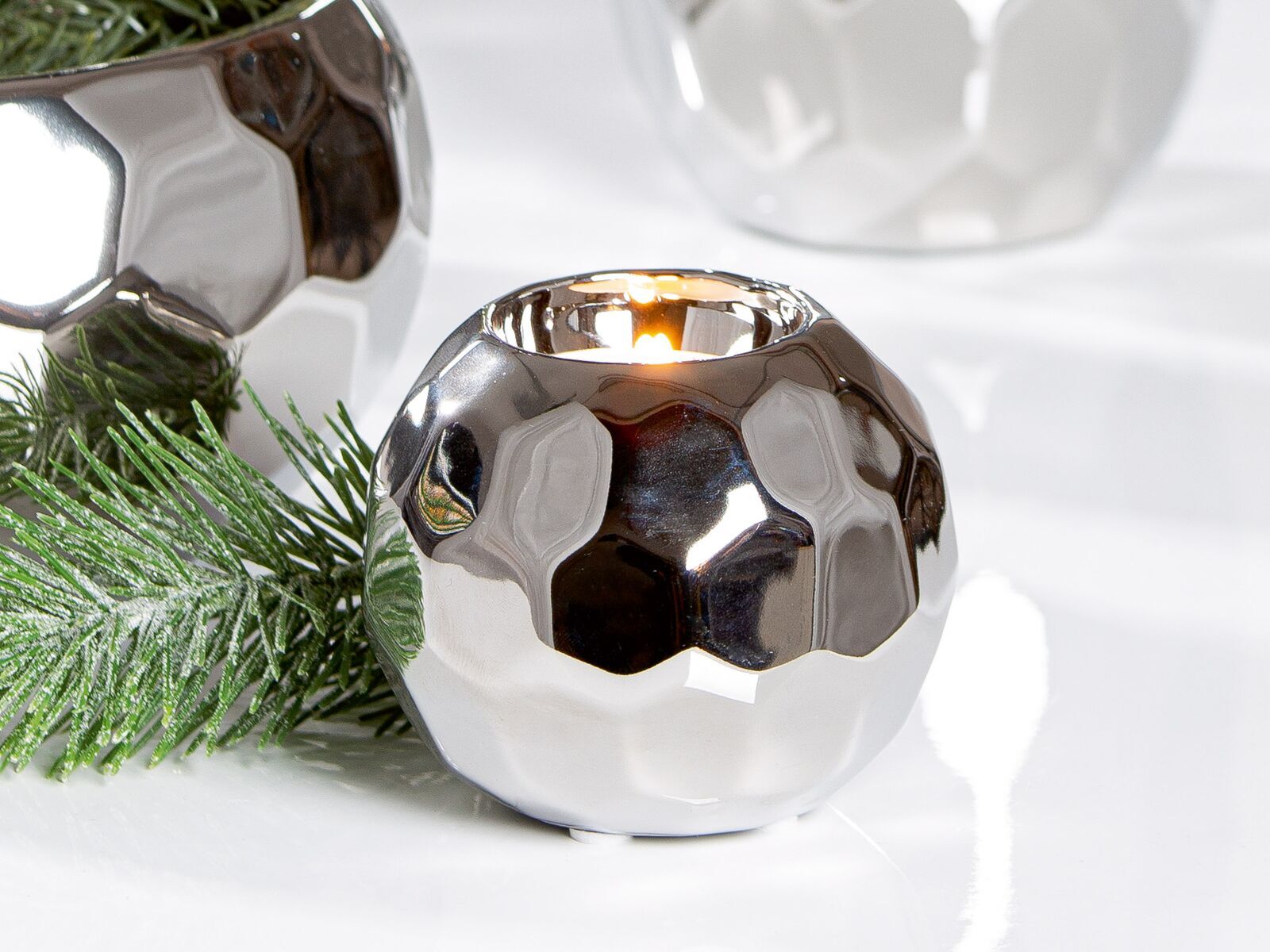 Teelichtleuchter Raute silber Metall Sphäre, Pflanze, Baum