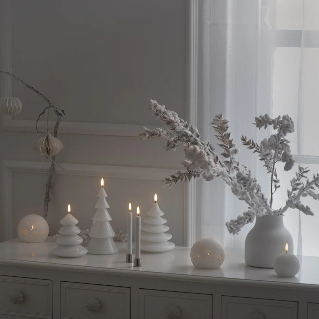 weihnachtsdeko, kerzen, vase, zweige, lichtdecor