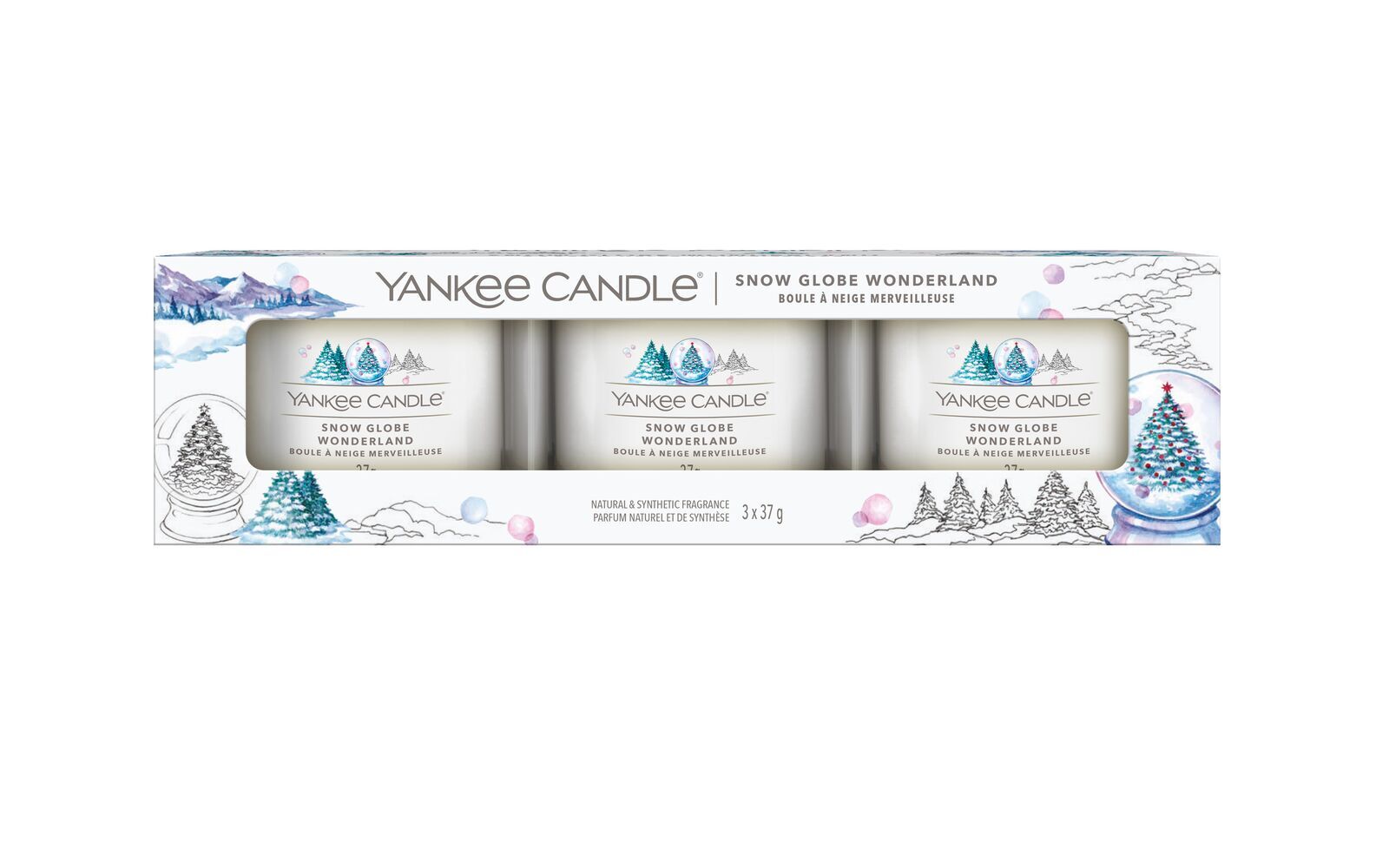 Snow Globe Wonderland 37g Glasvotivkerze 3er Pack