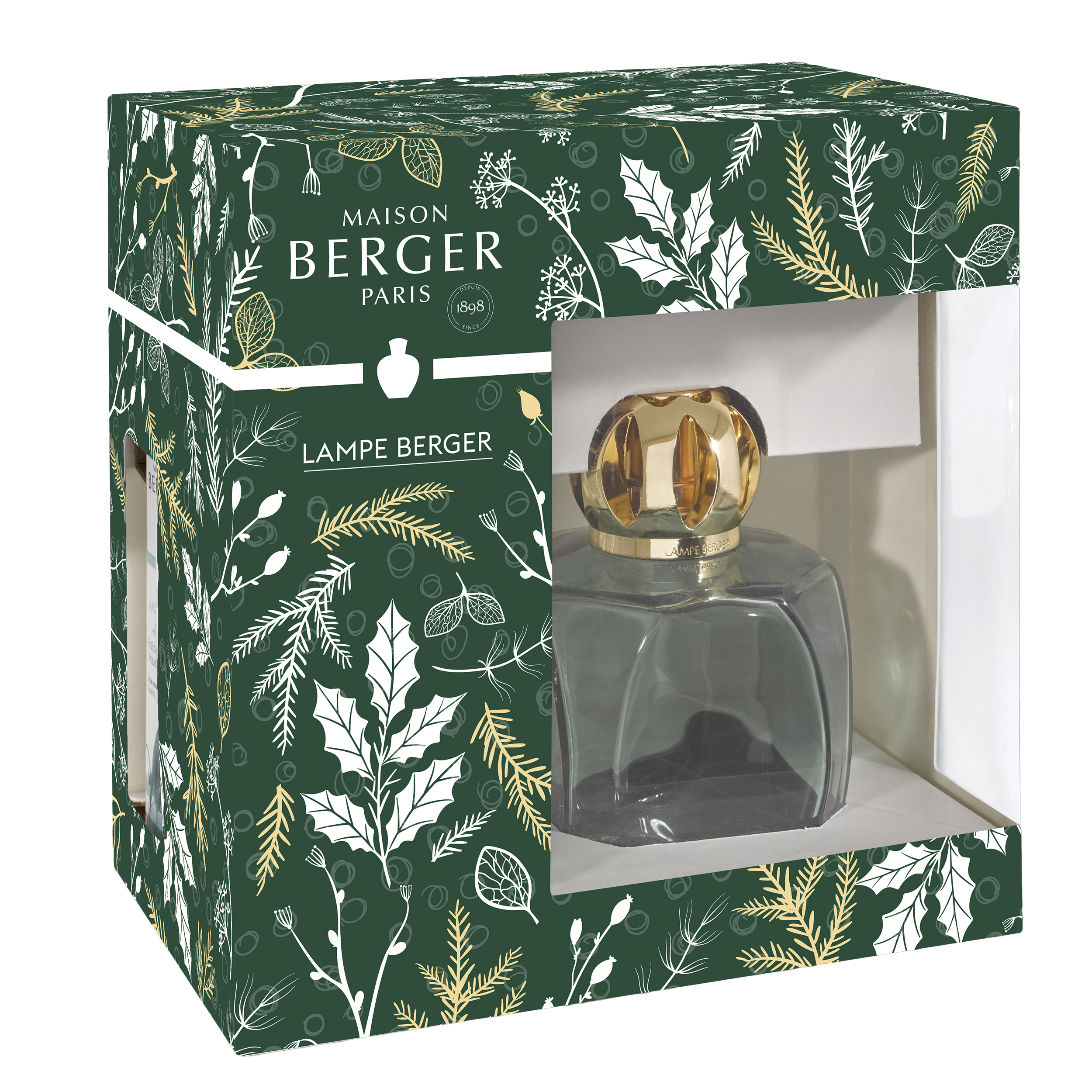 parfumflakon, glaskrug, grünes mustermotiv, lampe berger, kronenkappe